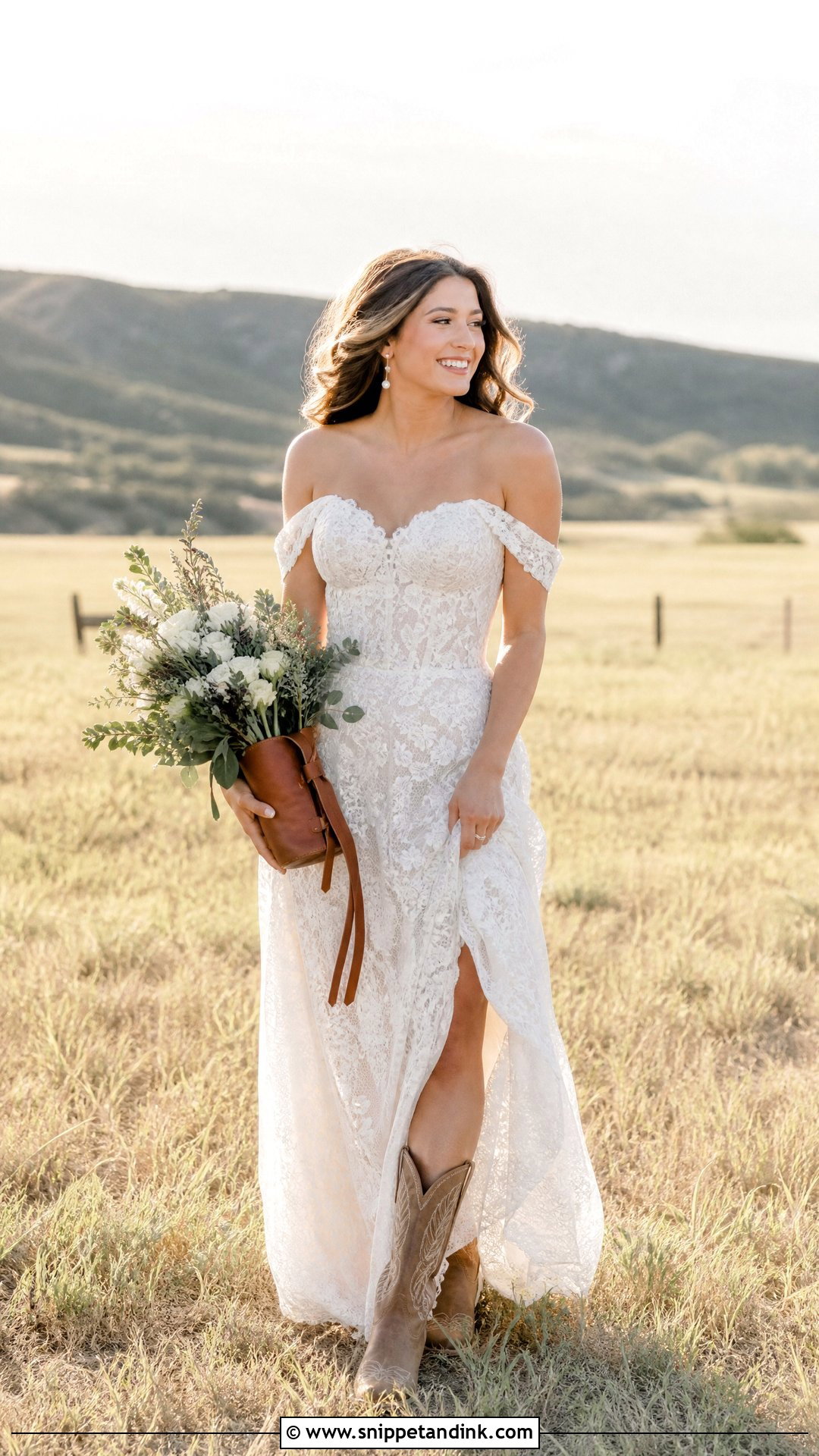 Off Shoulder Western Bridal Dress With Boots - Snippet and Ink - 25 Western Bridal Dresses