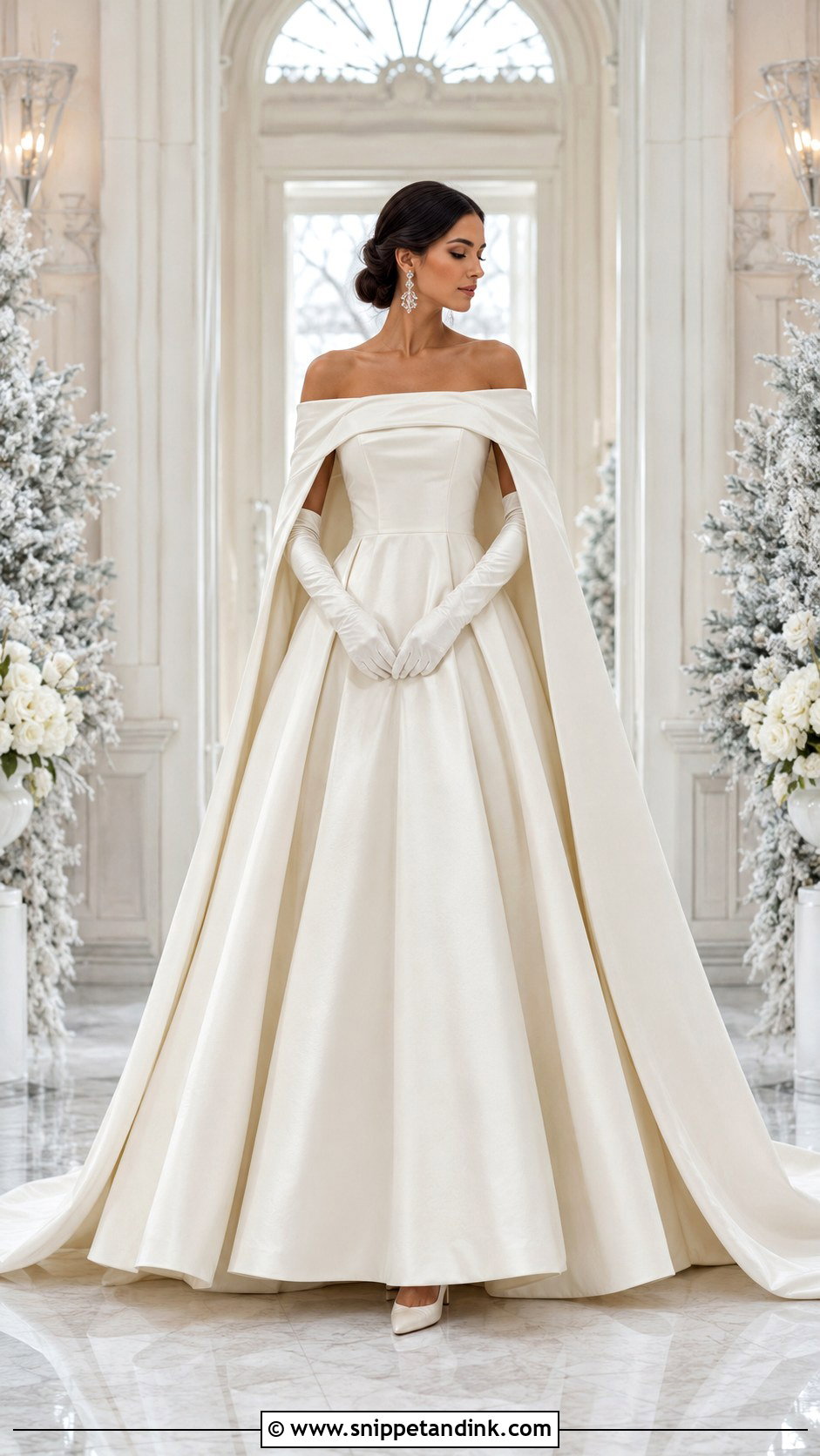 Off Shoulder Winter Bridal Gown With Cape And Gloves - Snippet and Ink - 20 Winter Bridal Outfit Ideas