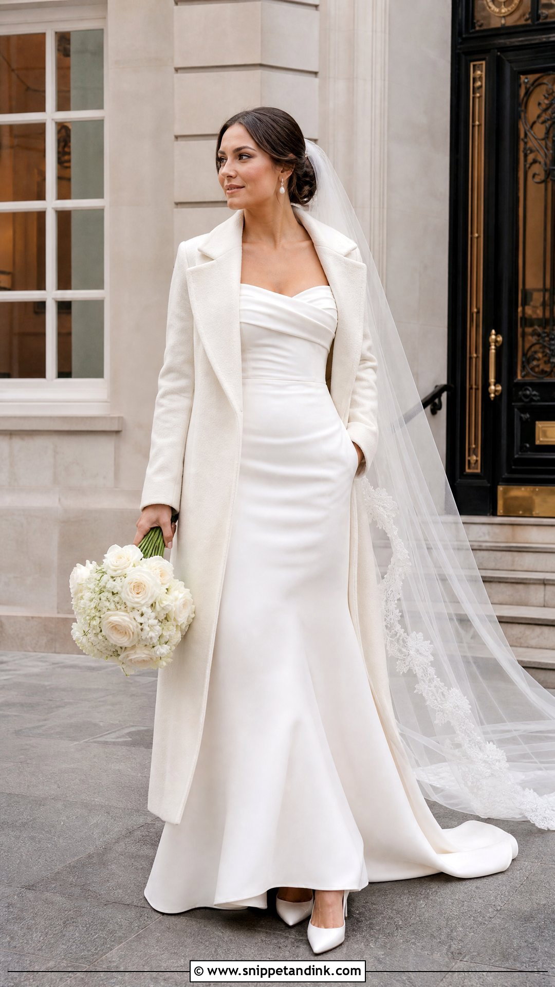 Off Shoulder Winter Bridal Gown With Coat - Snippet and Ink - 20 Winter Bridal Ideas
