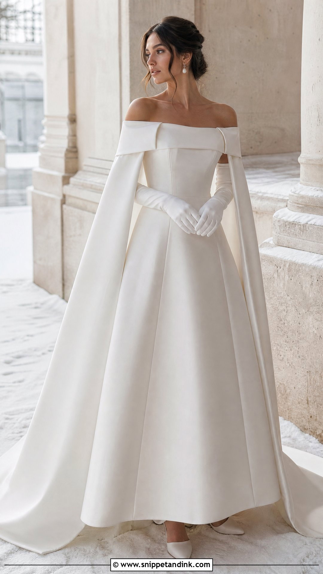 Off Shoulder Winter Elopement Dress With Cape - Snippet and Ink - 25 Winter Elopement Dress Ideas