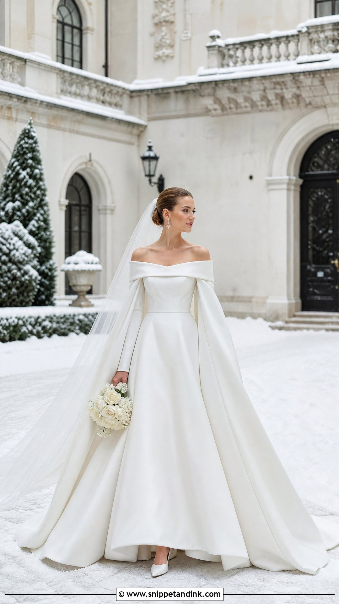 Off Shoulder Winter Wedding Dress With Cape - Snippet and Ink - 20 Simple Winter Wedding Dress Ideas