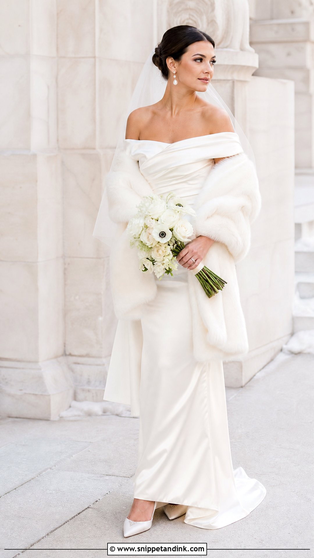 Off Shoulder Winter Wedding Dress With Fur Wrap - Snippet and Ink - 25 Winter Wedding Dress Fur Ideas