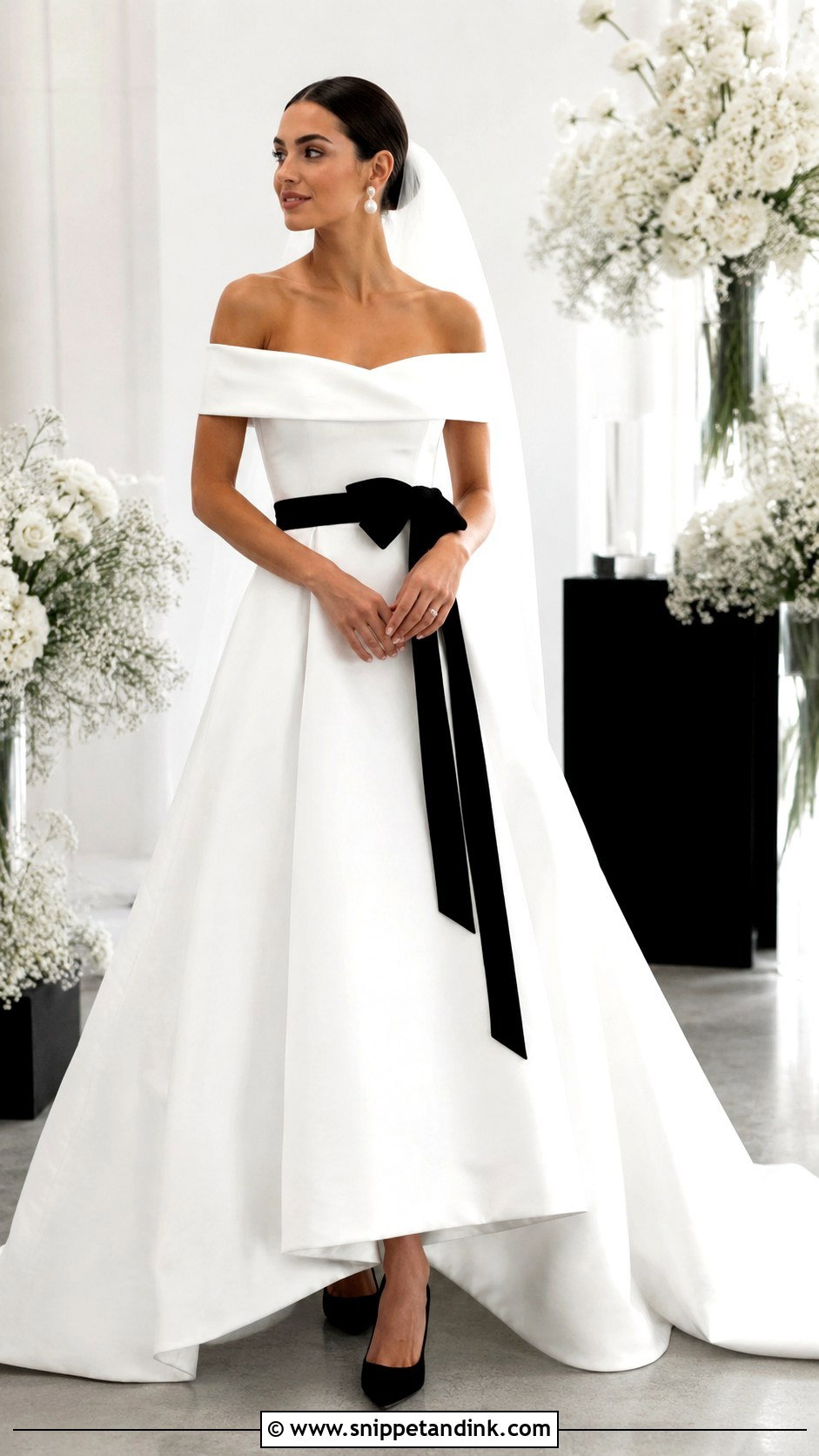 Off The Shoulder Black And White Wedding Dress - Snippet and Ink - 30 Off the Shoulder Wedding Dresses