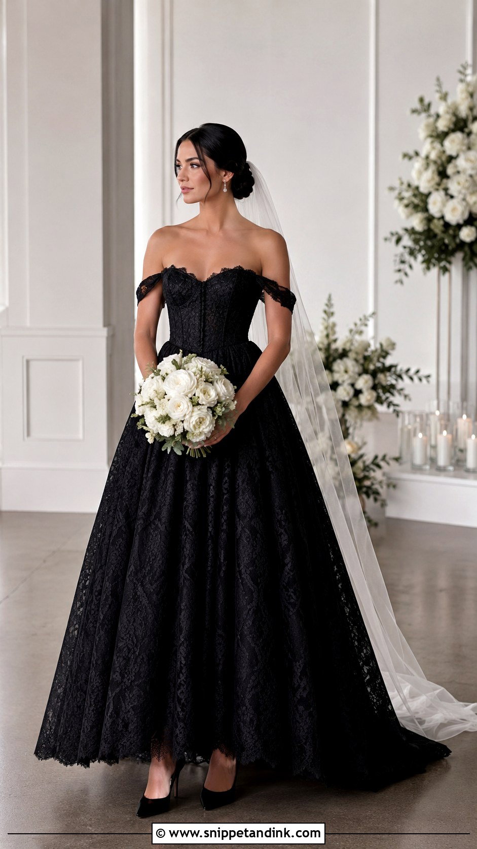 Off The Shoulder Black Lace Wedding Dress - Snippet and Ink - 20 Black Lace Wedding Dresses