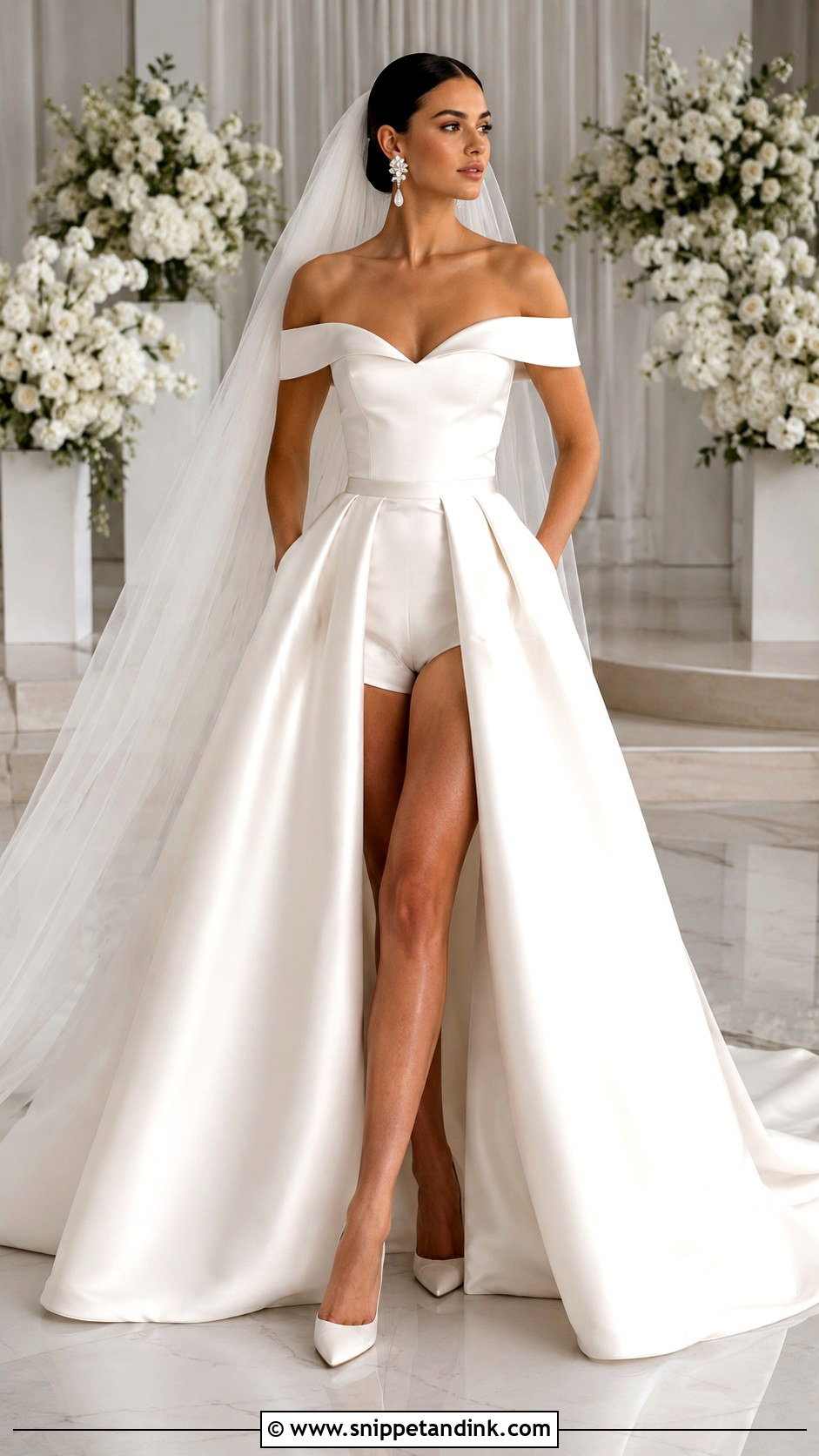 Off The Shoulder Bridal Bodysuit With Mikado Skirt - Snippet and Ink - 20 Bridal Bodysuit Ideas