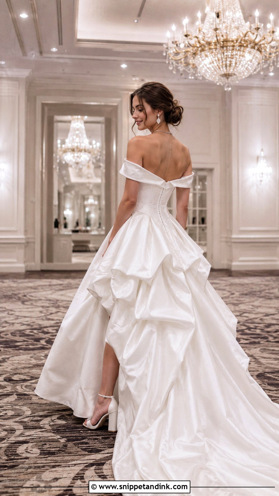 Off The Shoulder Bustled Ball Gown - Snippet and Ink - 20 Bustled Wedding Dress Ideas