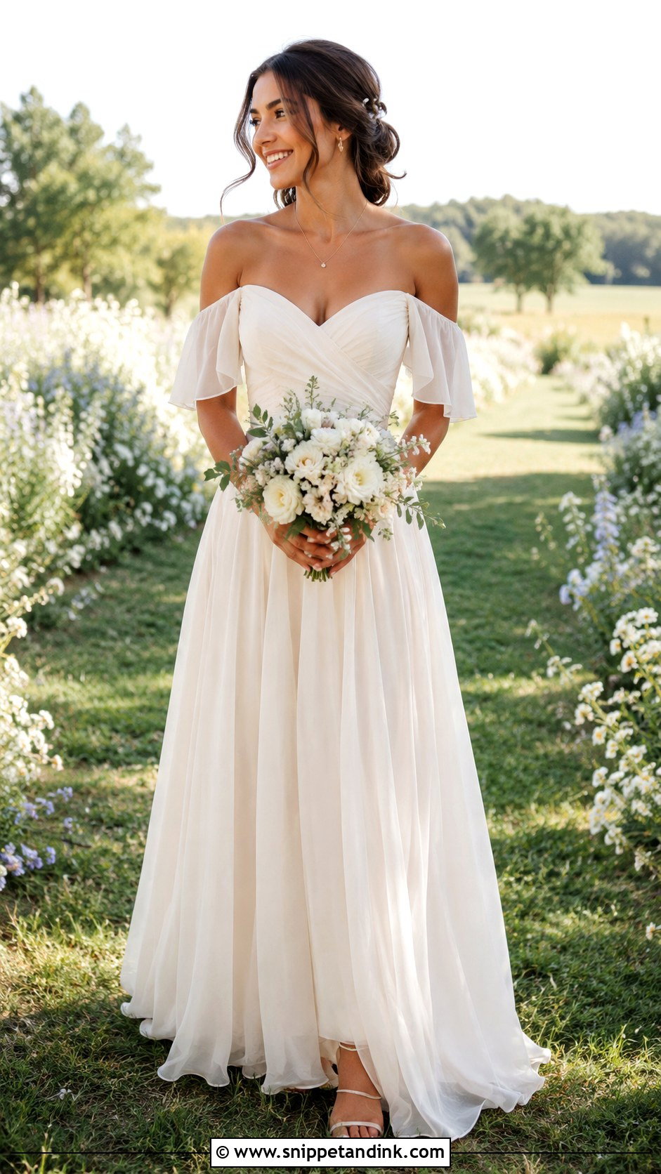 Off The Shoulder Chiffon Wedding Dress - Snippet and Ink - 20 Fairy Like Wedding Dress Ideas
