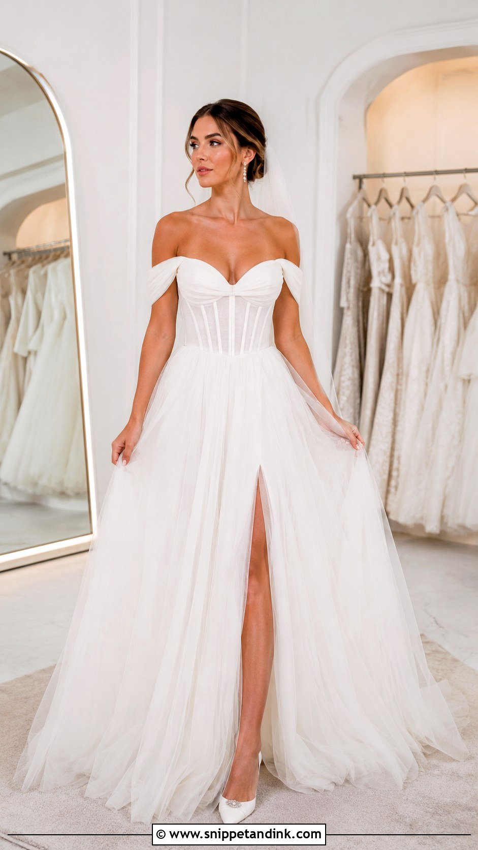 Off The Shoulder Corset Wedding Dress - Snippet and Ink - 30 Off the Shoulder Wedding Dresses