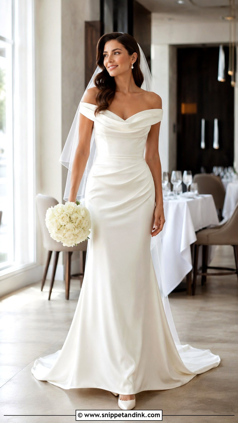 Off The Shoulder Cowl Neck Satin Wedding Dress - Snippet and Ink - 20 David’s Bridal Wedding Dresses