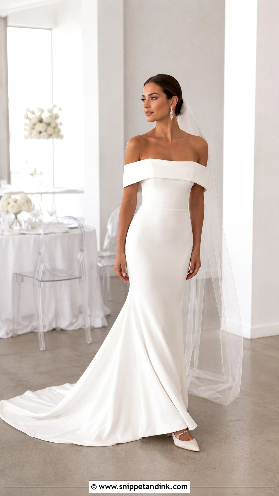 Off The Shoulder Crepe Mermaid Bridal Dress - Snippet and Ink - 20 Mermaid Bridal Dresses