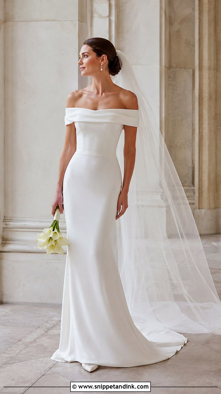 Off The Shoulder Crepe Wedding Dress - Snippet and Ink - 25 Off the Shoulder Wedding Dress Ideas