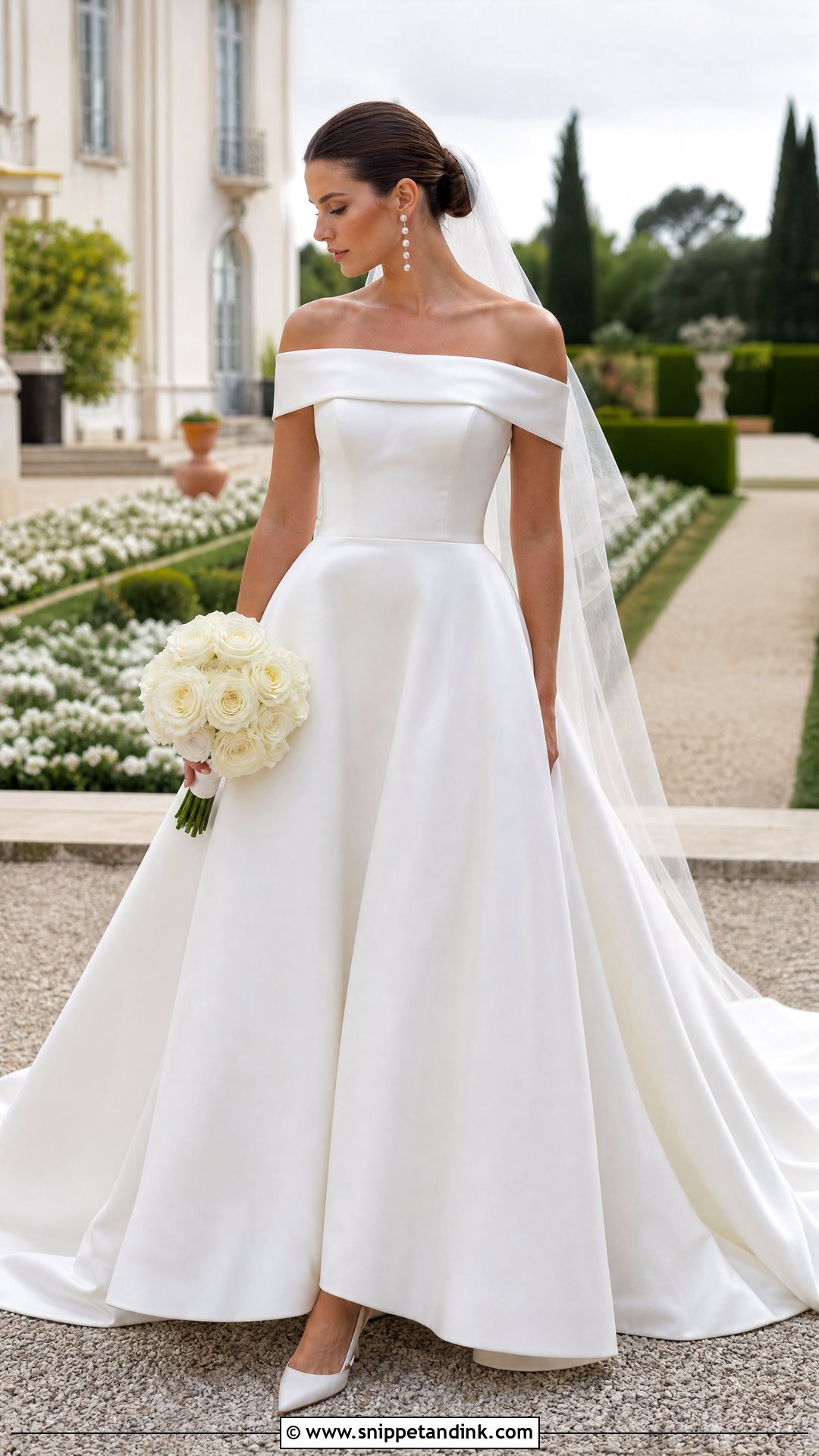 Off The Shoulder Fit And Flare Wedding Dress With Drop Earrings - Snippet and Ink - 20 Flare Wedding Dress Ideas