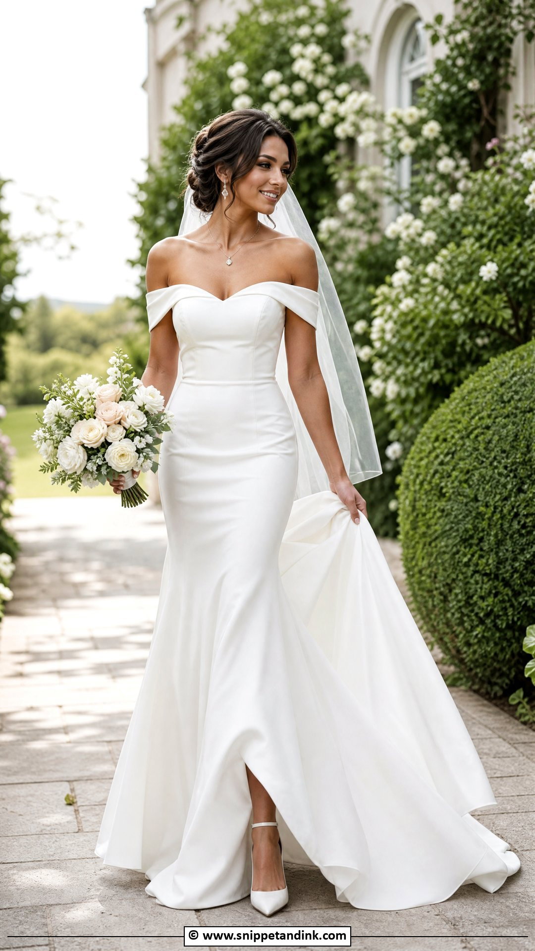 Off The Shoulder Fit And Flare Wedding Dress - Snippet and Ink - 35 Fit and Flare Wedding Dress Ideas