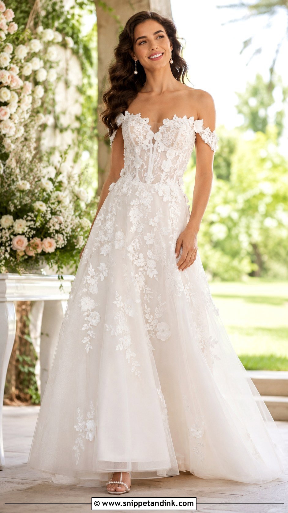 Off The Shoulder Floral Wedding Dress - Snippet and Ink - 30 Off the Shoulder Wedding Dresses