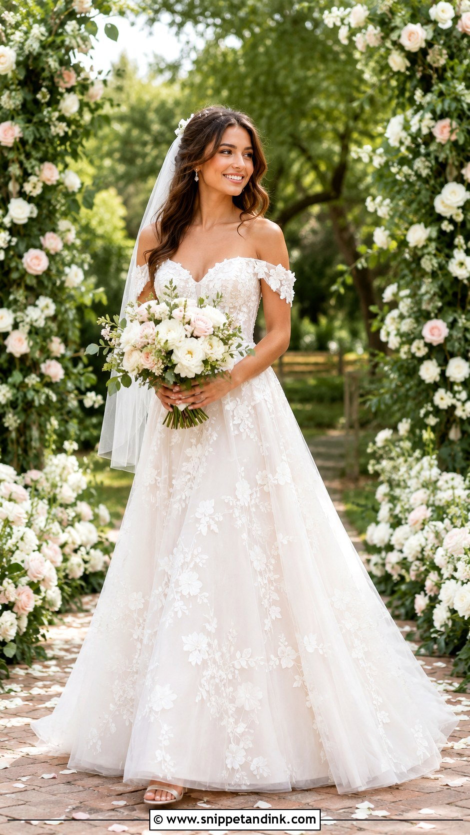 Off The Shoulder Floral Wedding Dress - Snippet and Ink - 25 Off the Shoulder Wedding Dress Ideas