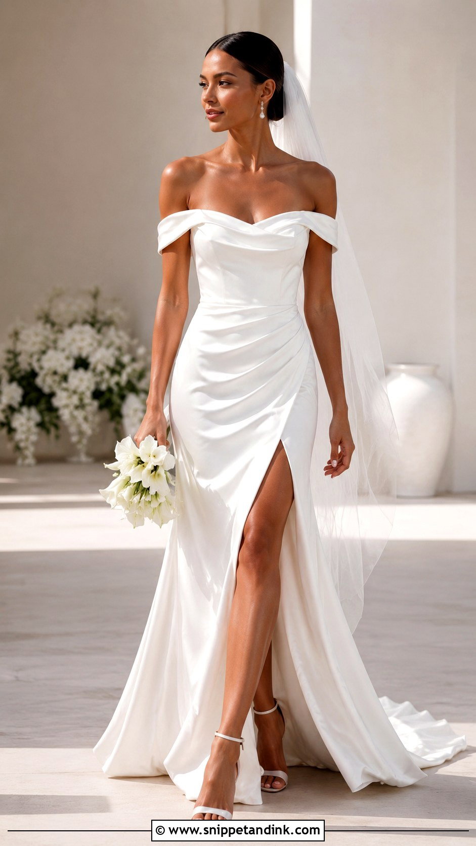 Off The Shoulder High Slit Wedding Dress - Snippet and Ink - 25 Off the Shoulder Wedding Dress Ideas