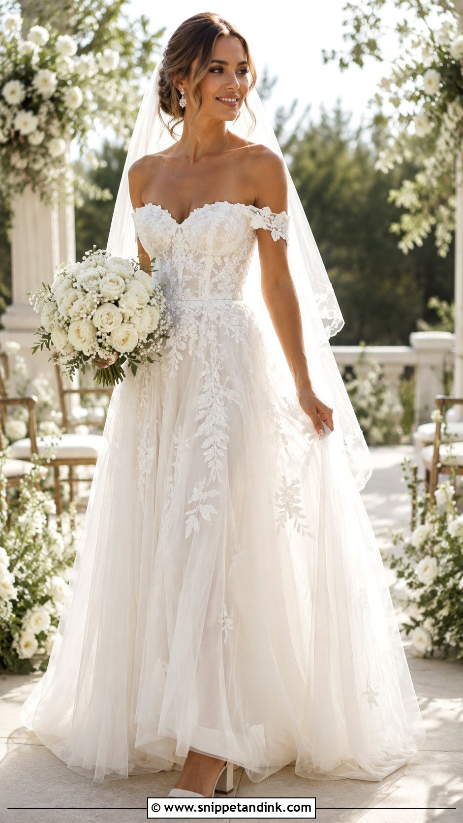 Off The Shoulder Lace A Line Wedding Dress - Snippet and Ink - 20 Lace Aline Wedding Dress Ideas