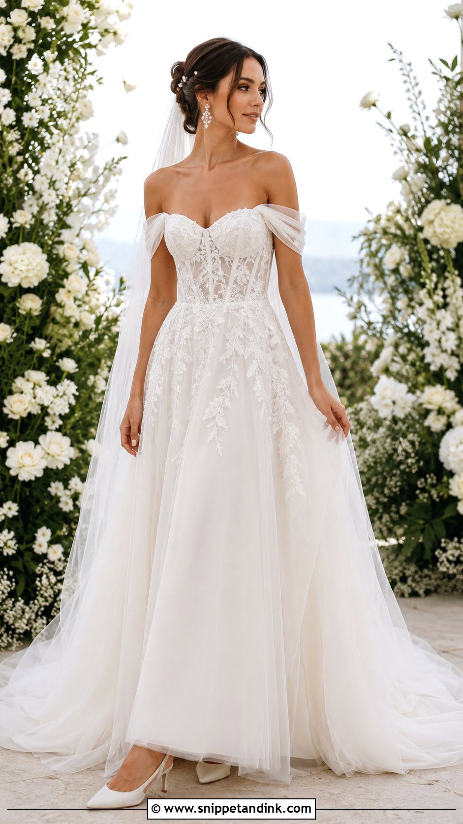 Off The Shoulder Lace And Tulle Wedding Dress - Snippet and Ink - 20 Lace and Tulle Wedding Dress Ideas