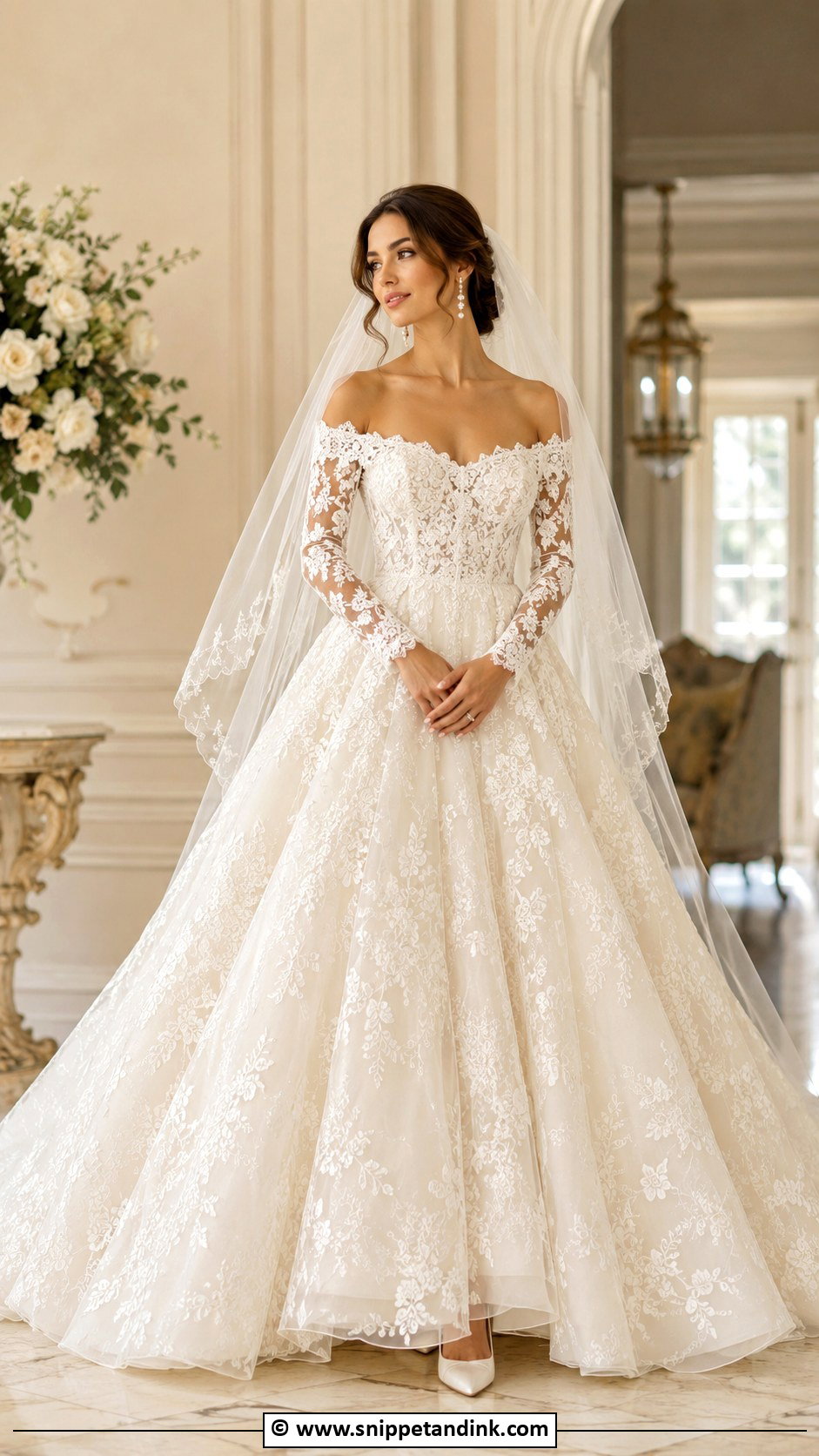 Off The Shoulder Lace Ballgown Wedding Dress - Snippet and Ink - 25 Lace Ballgown Wedding Dress Ideas