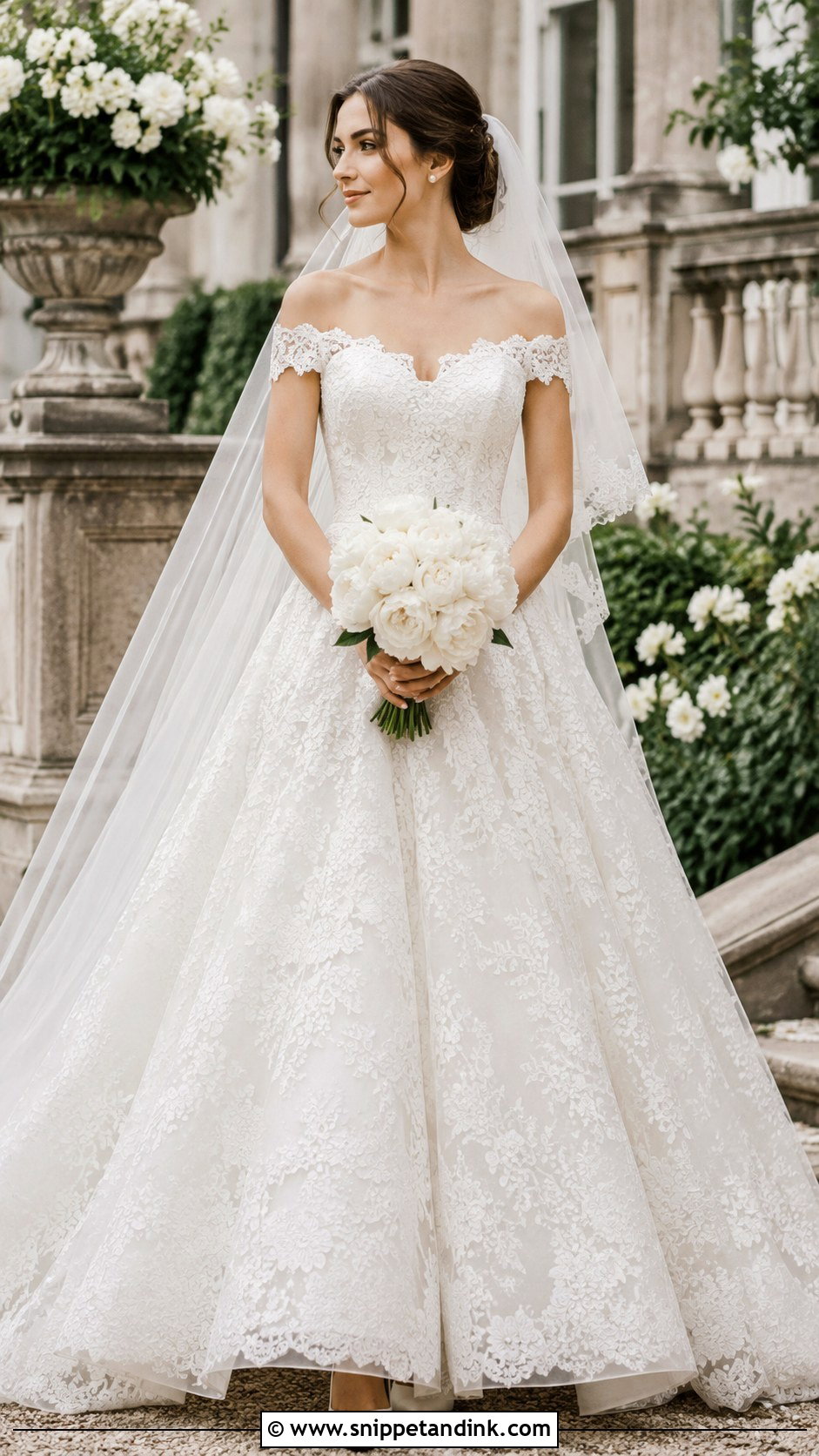 Off The Shoulder Lace Cinderella Gown - Snippet and Ink - 20 Cinderella Gown Wedding Ideas