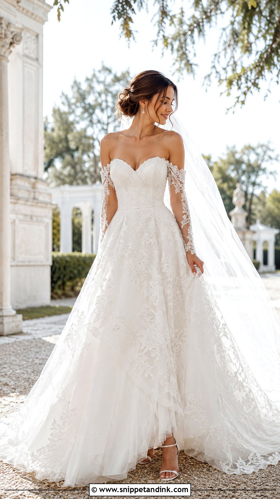 Off The Shoulder Lace Court Train Wedding Dress - Snippet and Ink - 20 Court Train Wedding Dress Ideas