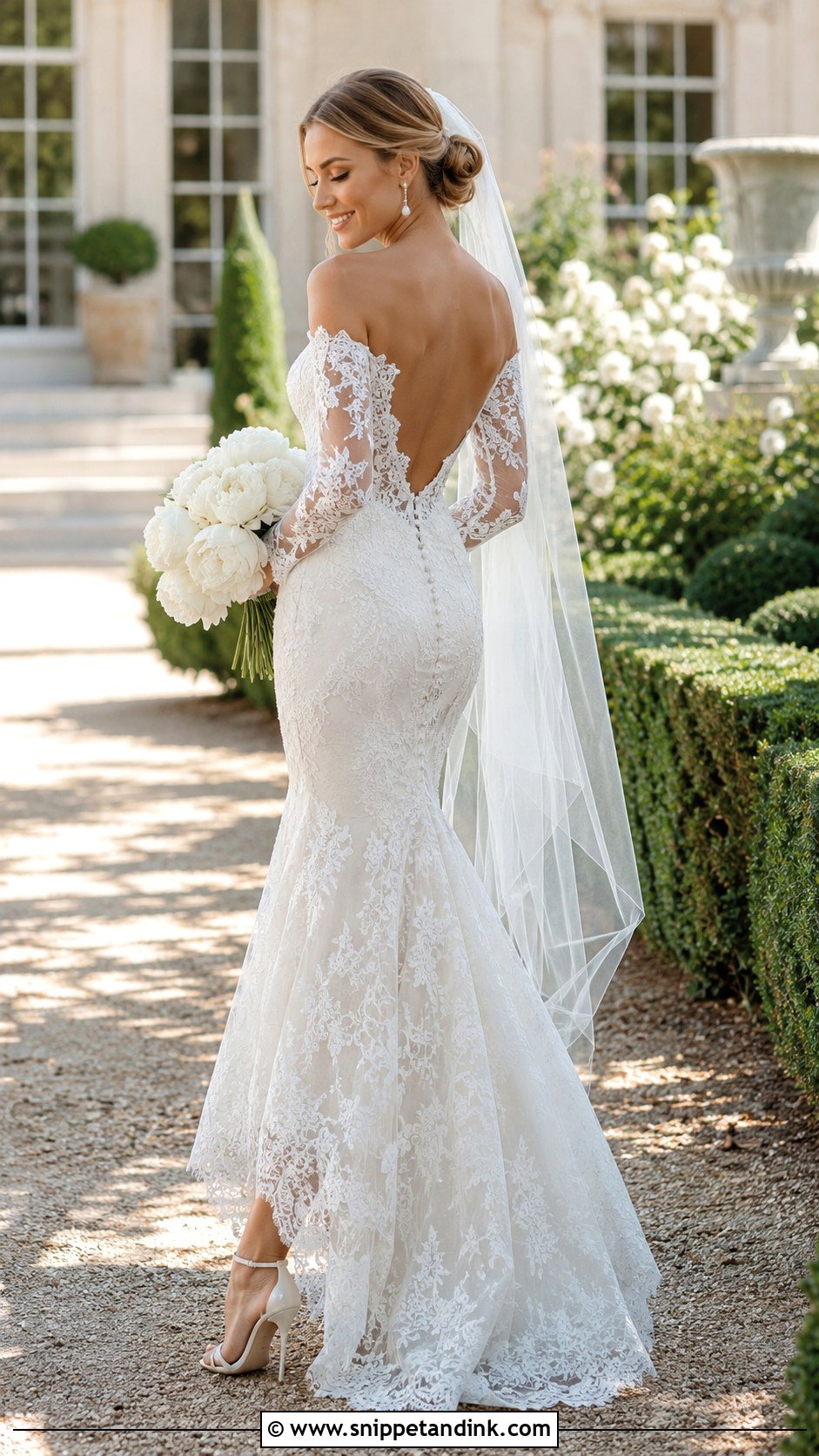 Off The Shoulder Lace Open Back Wedding Dress - Snippet and Ink - 20 Lace Open Back Wedding Dress Ideas