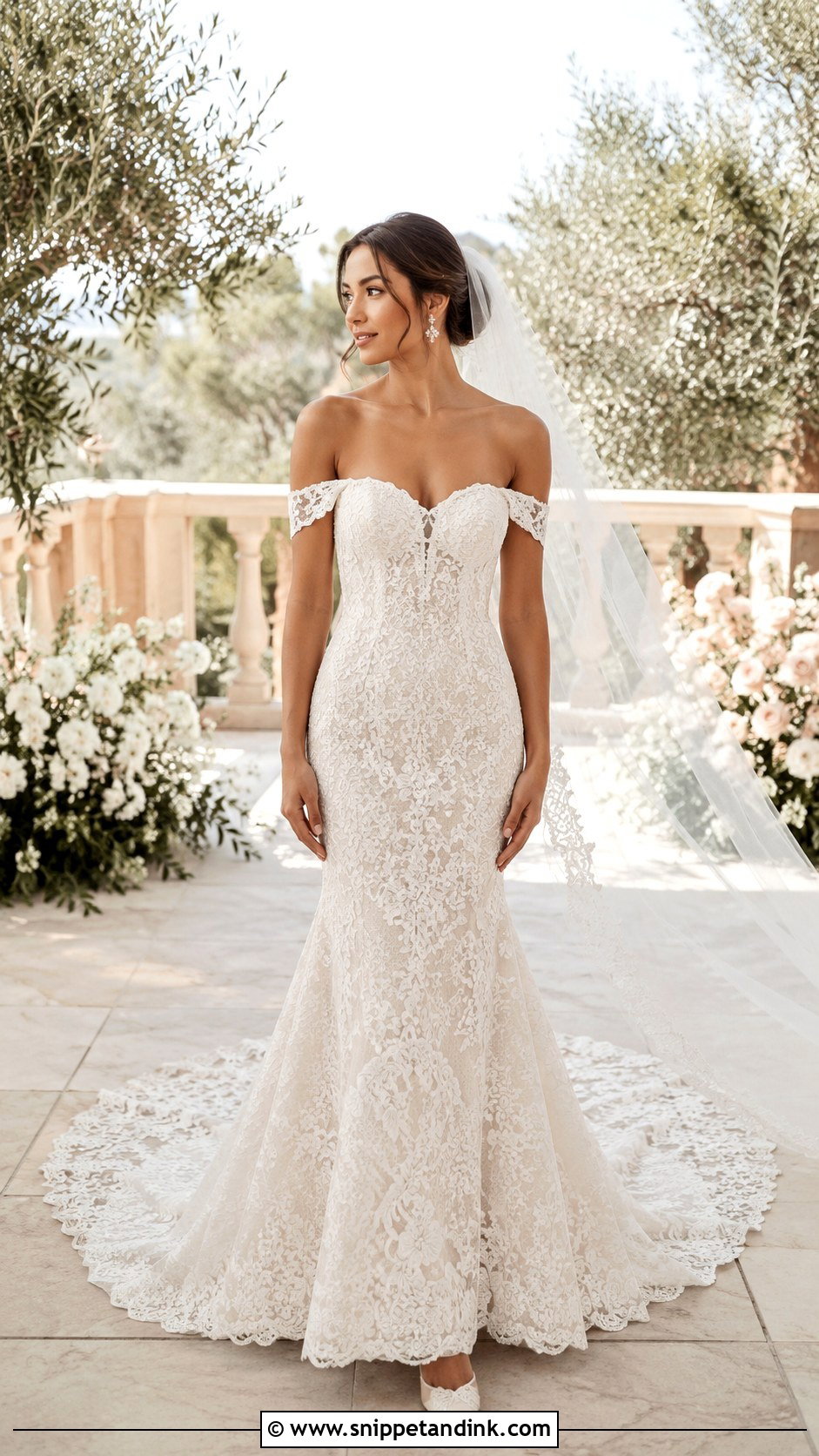Off The Shoulder Lace Trumpet Wedding Dress - Snippet and Ink - 20 Lace Trumpet Wedding Dress Ideas