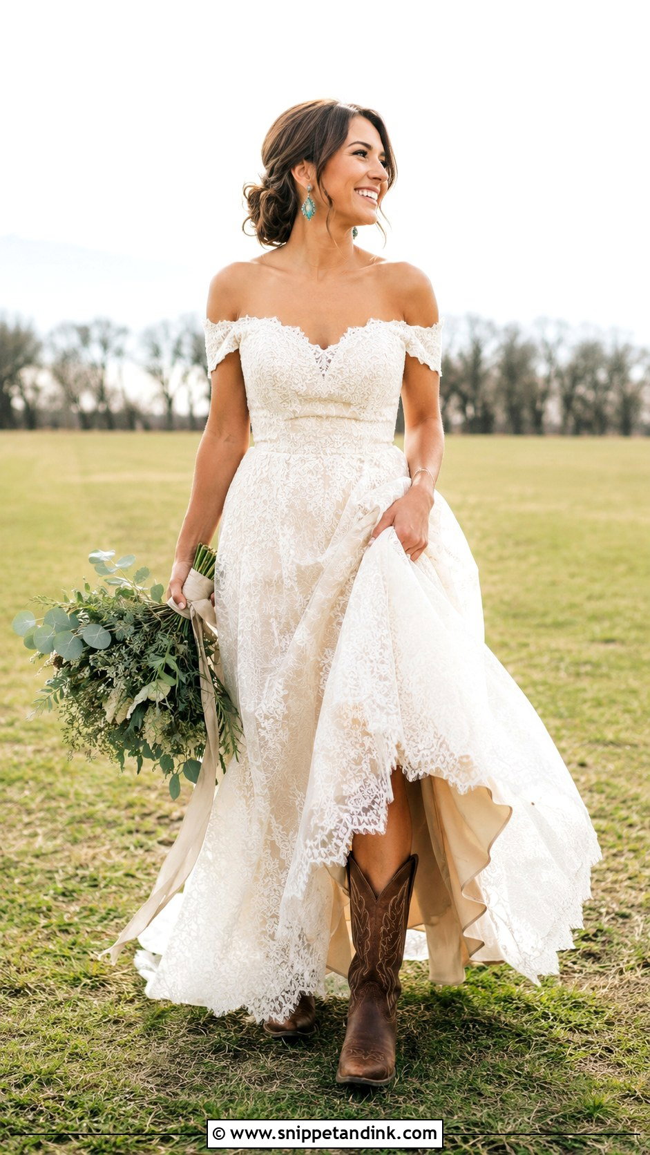 Off The Shoulder Lace Wedding Dress With Cowboy Boots - Snippet and Ink - 20 Granola Wedding Dress Ideas