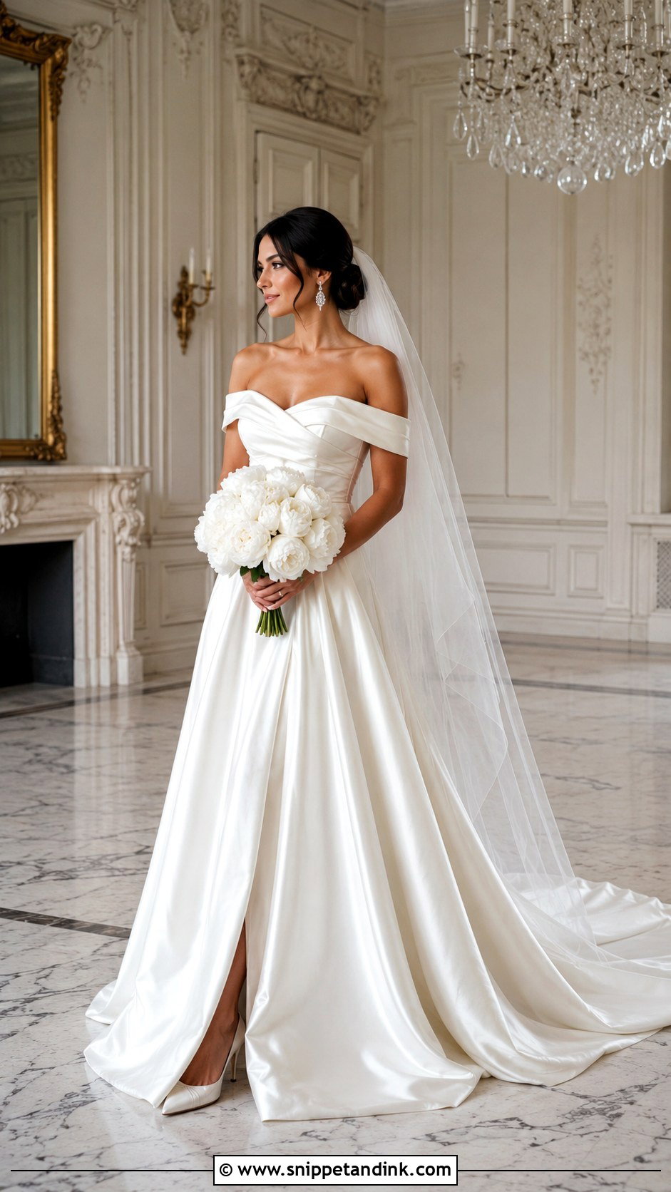 Off The Shoulder Liquid Satin Wedding Dress - Snippet and Ink - 20 Liquid Satin Wedding Dress Ideas