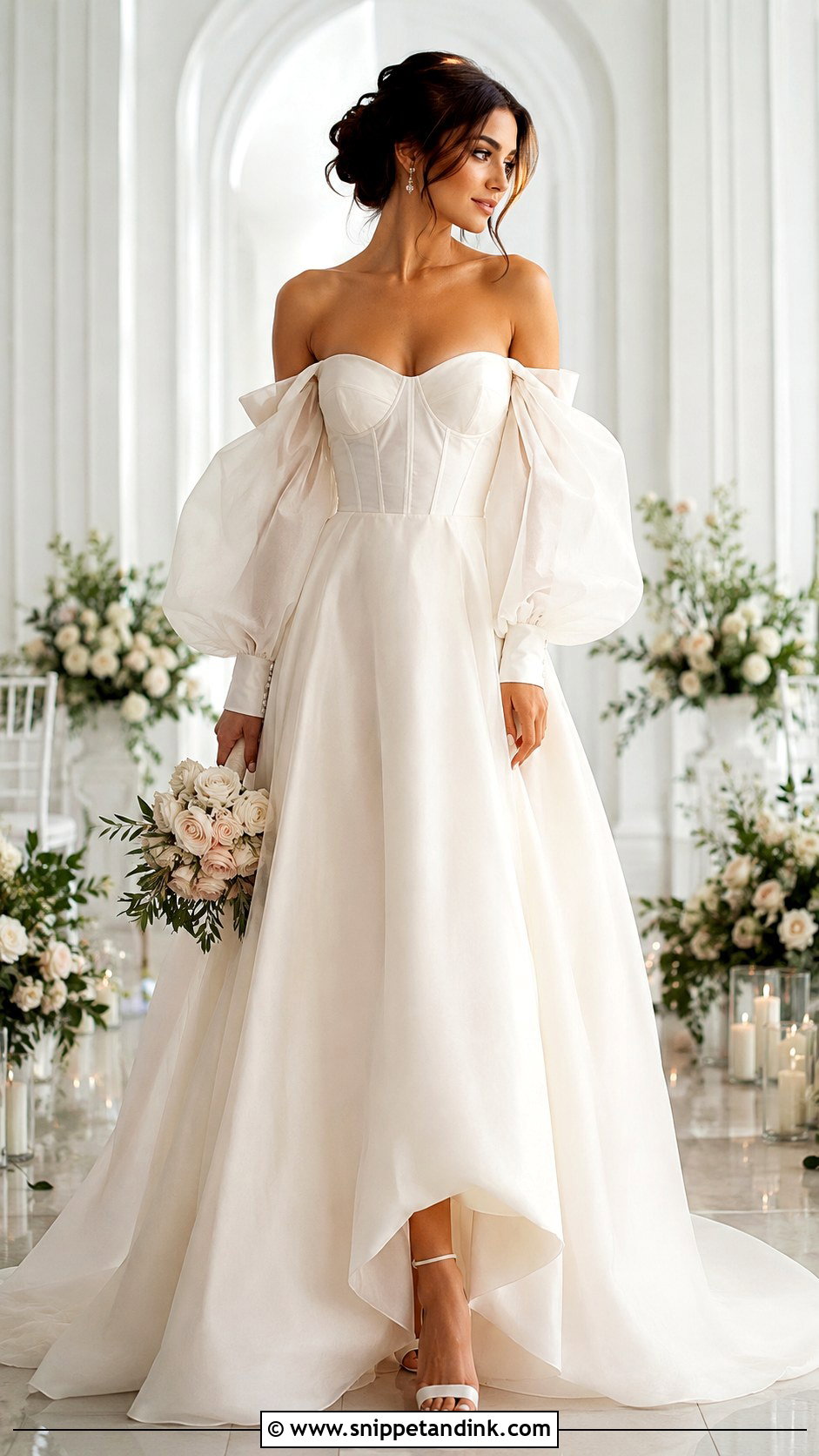 Off The Shoulder Long Puff Sleeve Wedding Dress - Snippet and Ink - 20 Long Puff Sleeve Wedding Dress Ideas