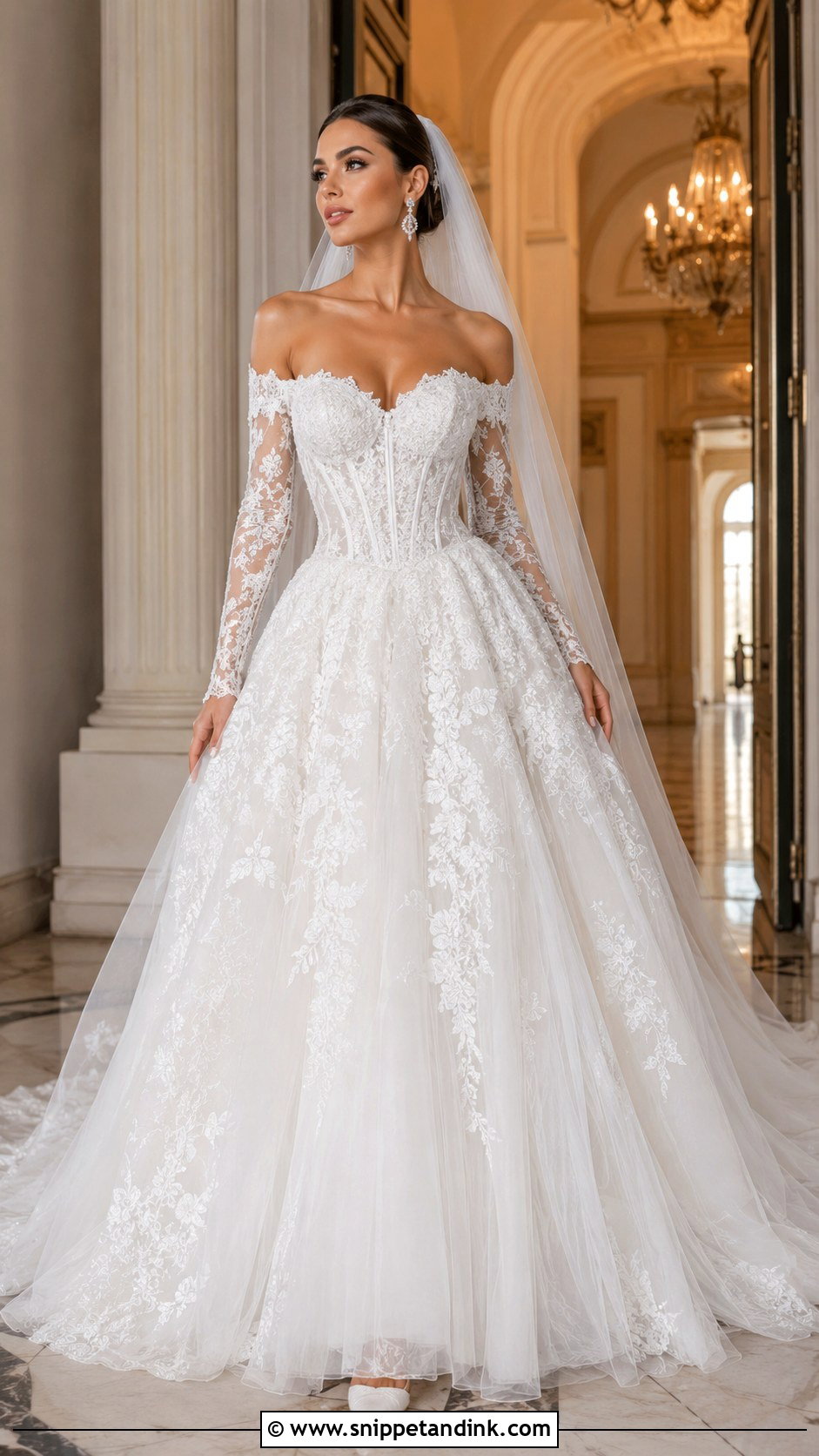 Off The Shoulder Long Sleeve Ball Gown Wedding Dress - Snippet and Ink - 25 Off the Shoulder Long Sleeve Wedding Dress Ideas