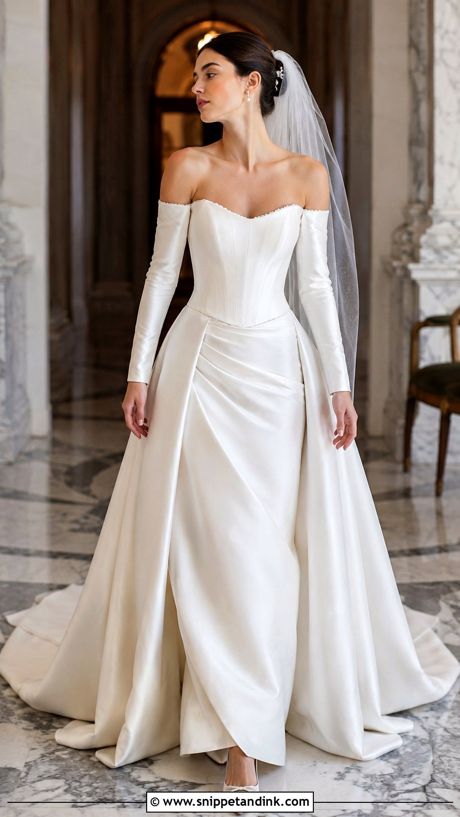 Off The Shoulder Long Sleeve Basque Waist Wedding Dress - Snippet and Ink - 25 Off the Shoulder Long Sleeve Wedding Dress Ideas