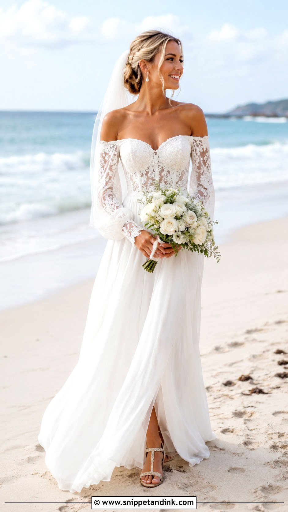 Off The Shoulder Long Sleeve Beach Wedding Dress - Snippet and Ink - 25 Off the Shoulder Long Sleeve Wedding Dress Ideas