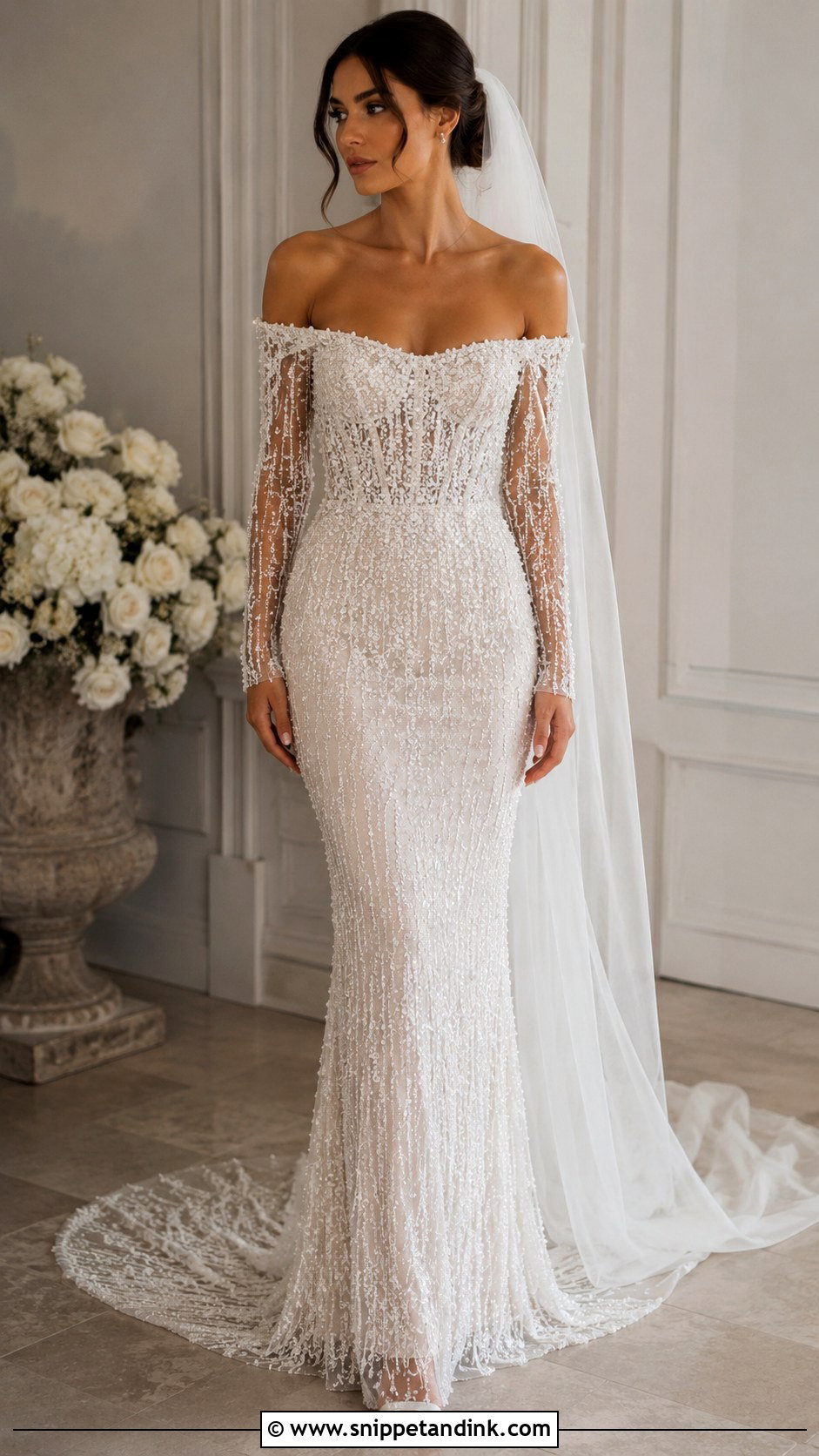 Off The Shoulder Long Sleeve Beaded Wedding Dress - Snippet and Ink - 25 Off the Shoulder Long Sleeve Wedding Dress Ideas