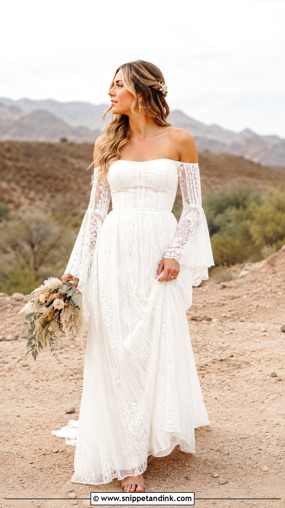 Off The Shoulder Long Sleeve Boho Wedding Dress - Snippet and Ink - 25 Off the Shoulder Long Sleeve Wedding Dress Ideas
