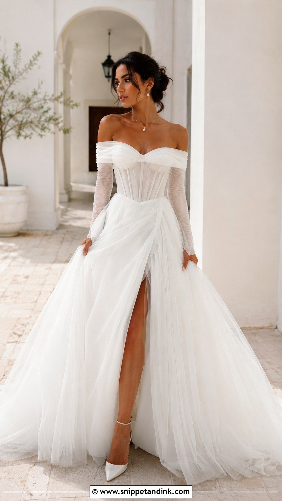 Off The Shoulder Long Sleeve Corset Wedding Dress - Snippet and Ink - 20 Long Sleeve Corset Wedding Dress Ideas