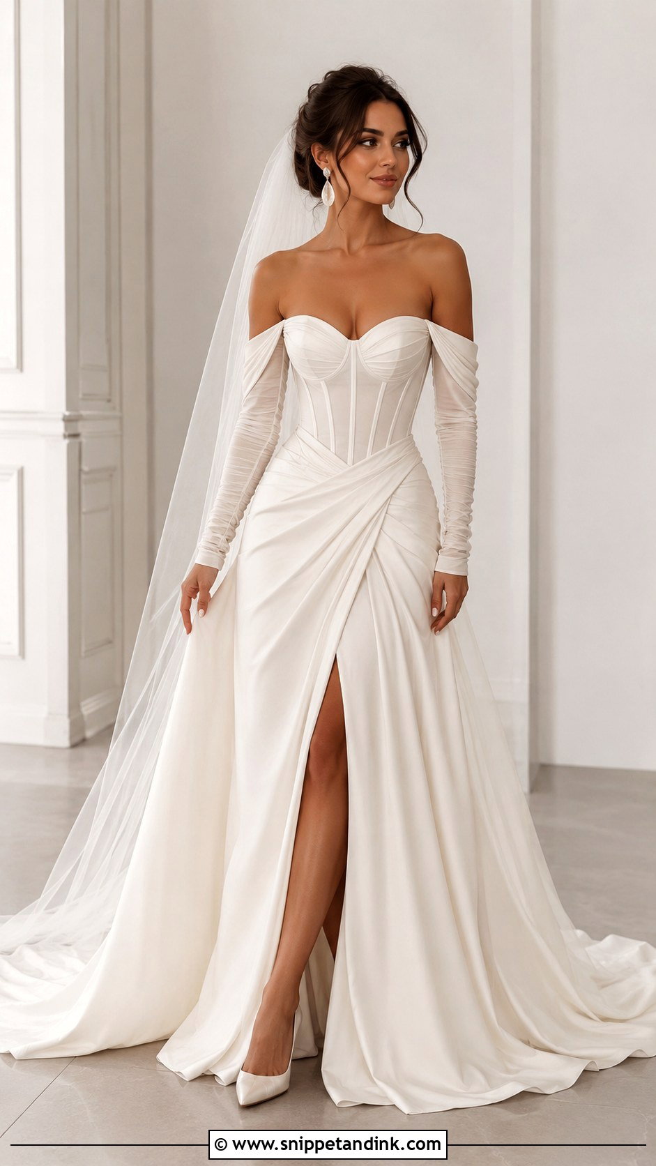 Off The Shoulder Long Sleeve Corset Wedding Dress - Snippet and Ink - 25 Off the Shoulder Long Sleeve Wedding Dress Ideas