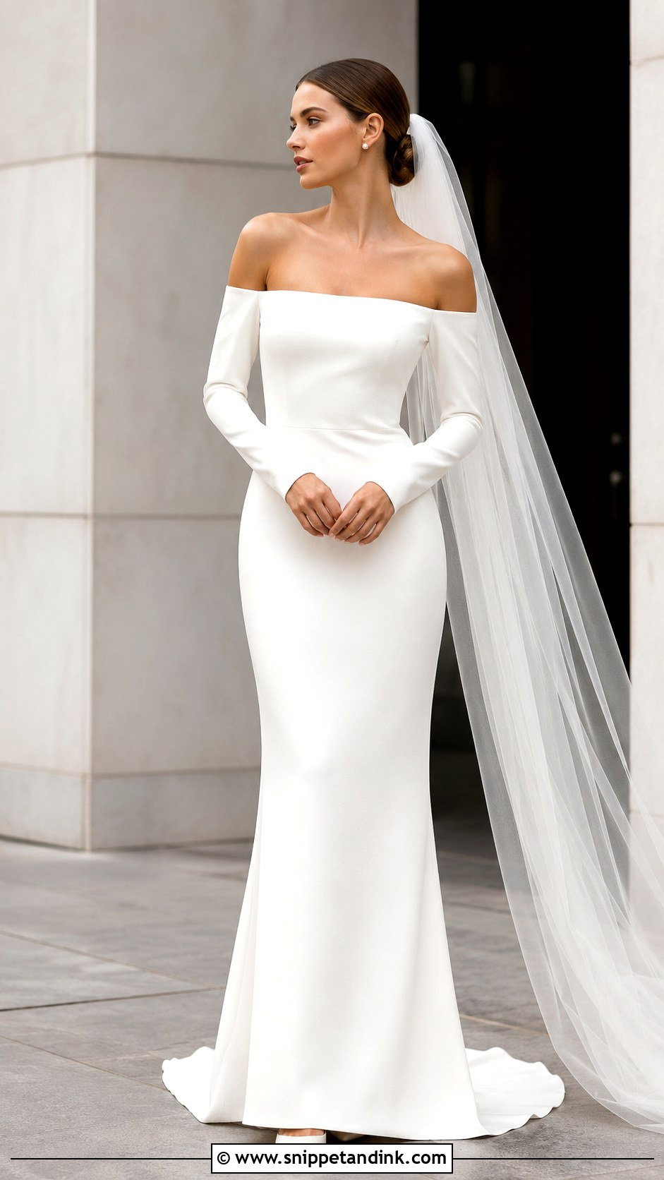 Off The Shoulder Long Sleeve Crepe Wedding Dress - Snippet and Ink - 25 Off the Shoulder Long Sleeve Wedding Dress Ideas