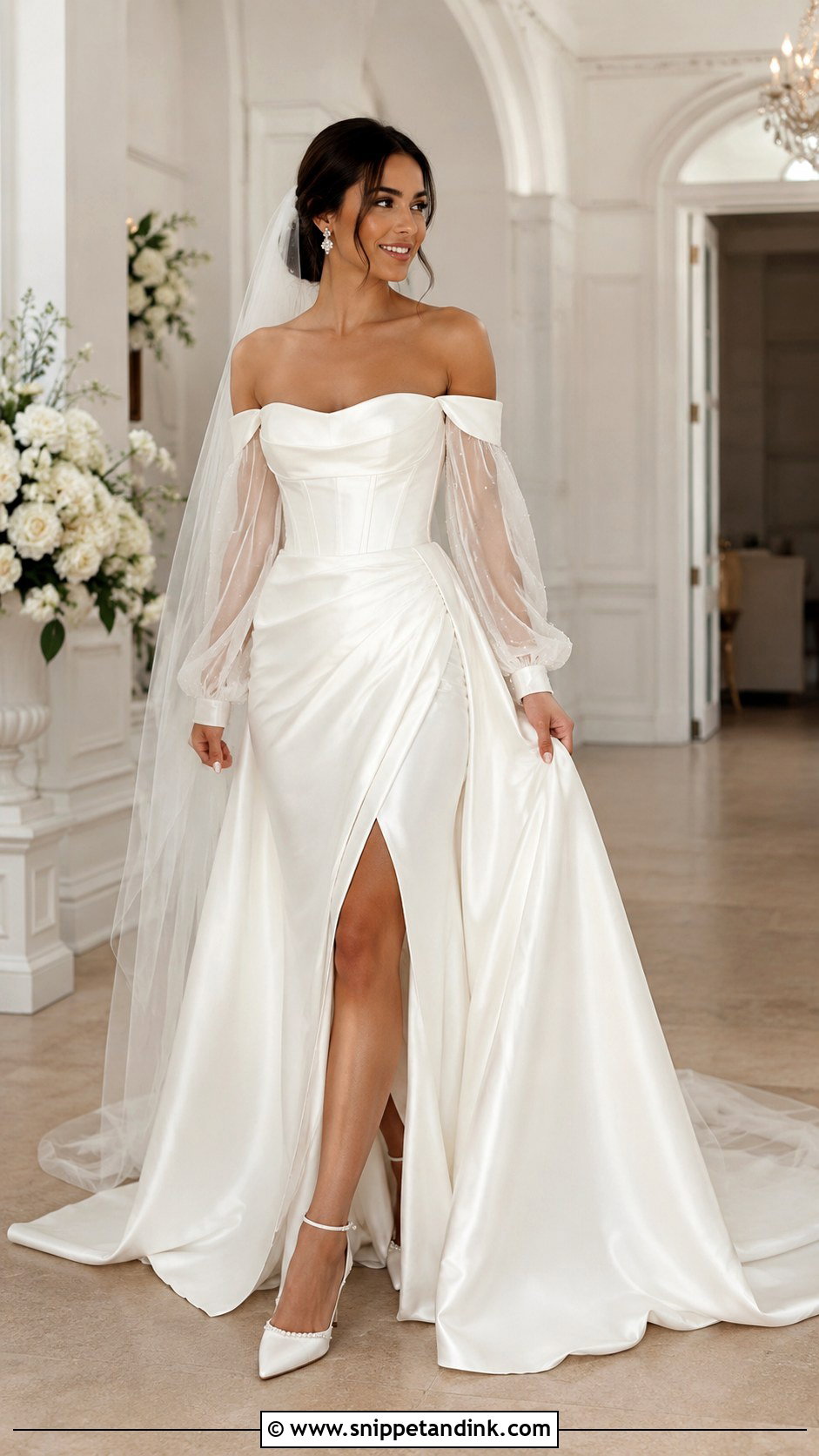Off The Shoulder Long Sleeve Detachable Sleeve Wedding Dress - Snippet and Ink - 25 Off the Shoulder Long Sleeve Wedding Dress Ideas