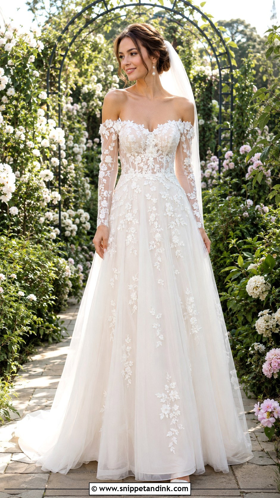Off The Shoulder Long Sleeve Floral Wedding Dress - Snippet and Ink - 25 Off the Shoulder Long Sleeve Wedding Dress Ideas