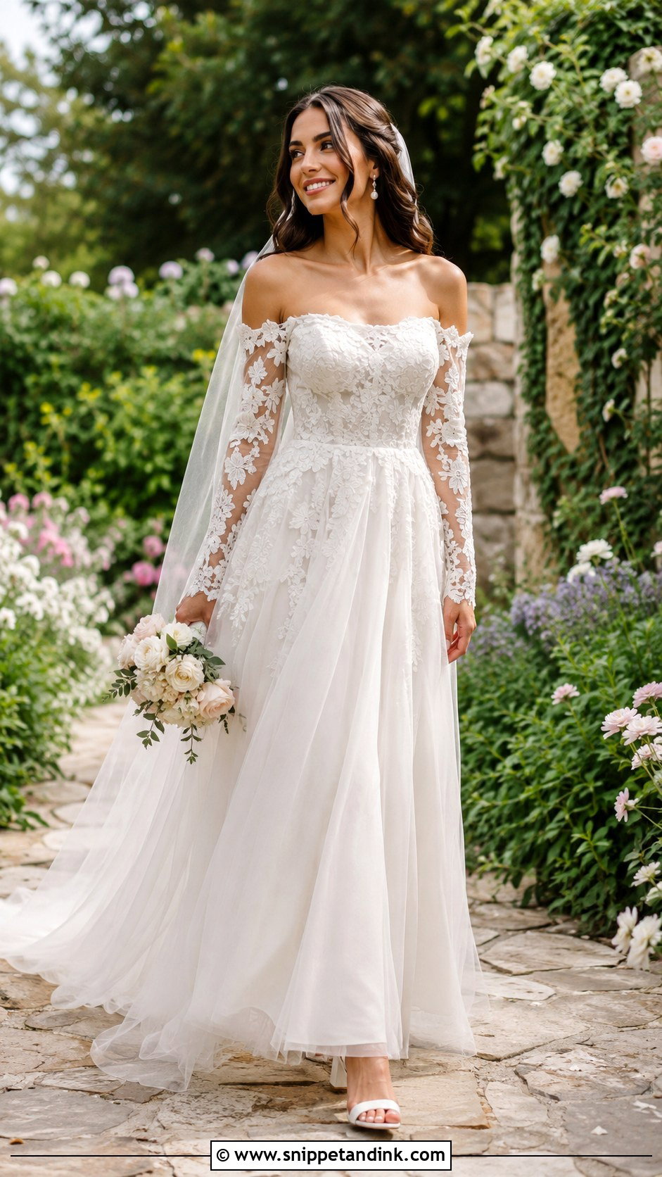 Off The Shoulder Long Sleeve Garden Wedding Dress - Snippet and Ink - 25 Off the Shoulder Long Sleeve Wedding Dress Ideas
