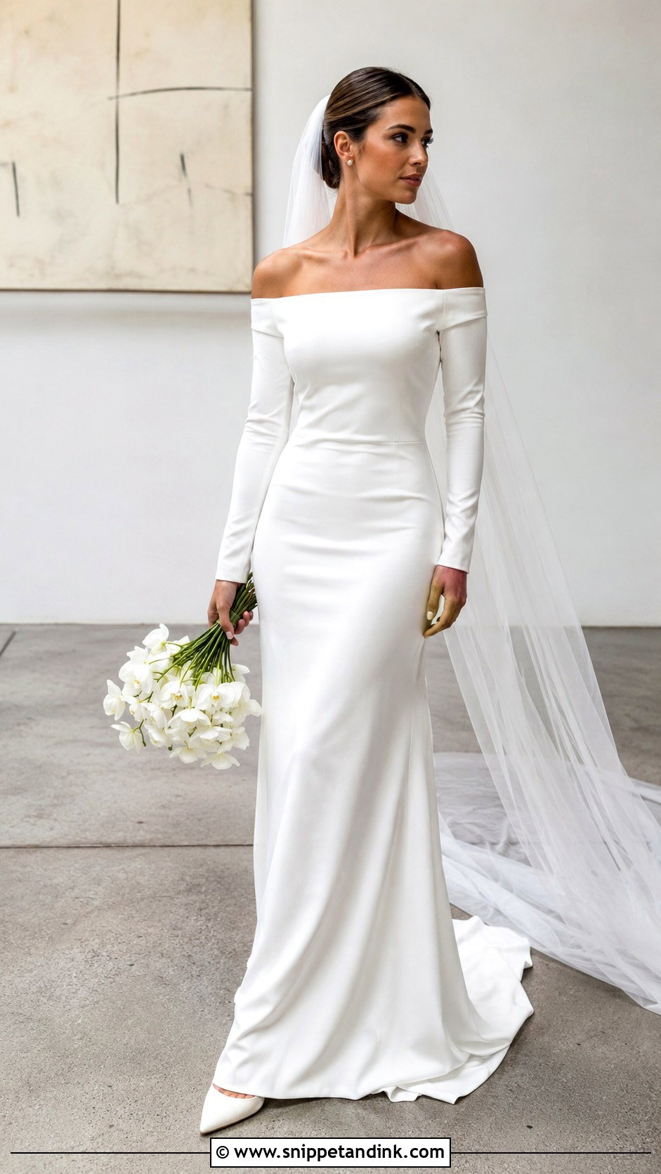 Off The Shoulder Long Sleeve Minimalist Wedding Dress - Snippet and Ink - 25 Off the Shoulder Long Sleeve Wedding Dress Ideas
