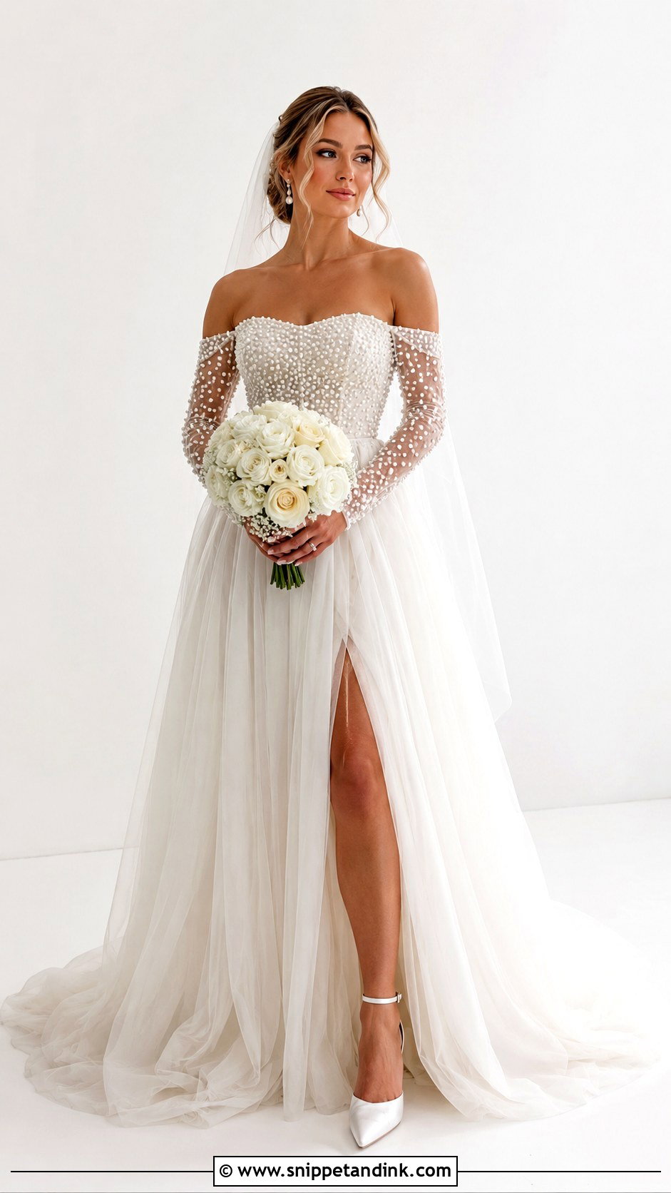Off The Shoulder Long Sleeve Pearl Wedding Dress - Snippet and Ink - 25 Off the Shoulder Long Sleeve Wedding Dress Ideas