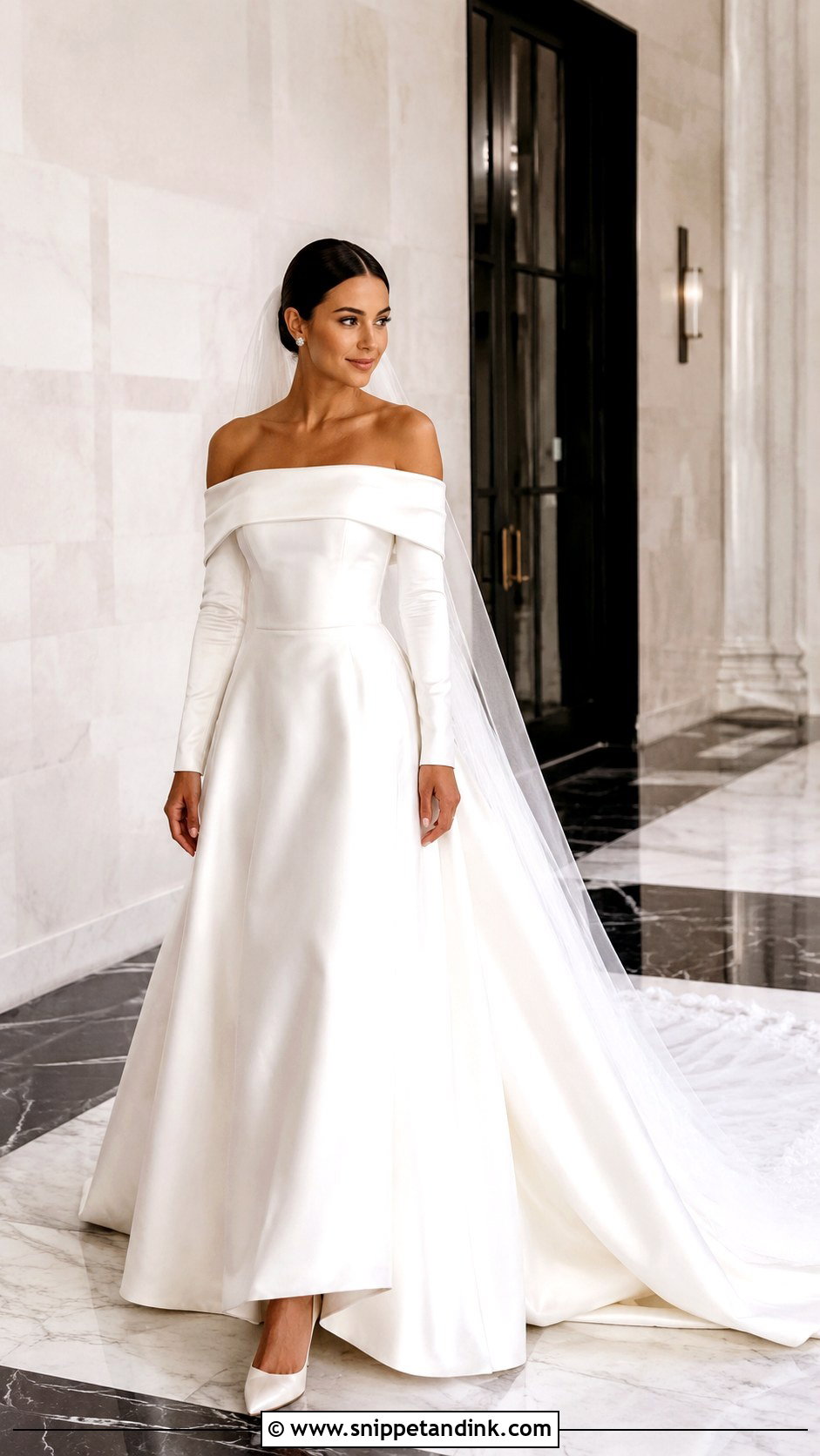 Off The Shoulder Long Sleeve Satin Wedding Dress - Snippet and Ink - 25 Off the Shoulder Long Sleeve Wedding Dress Ideas