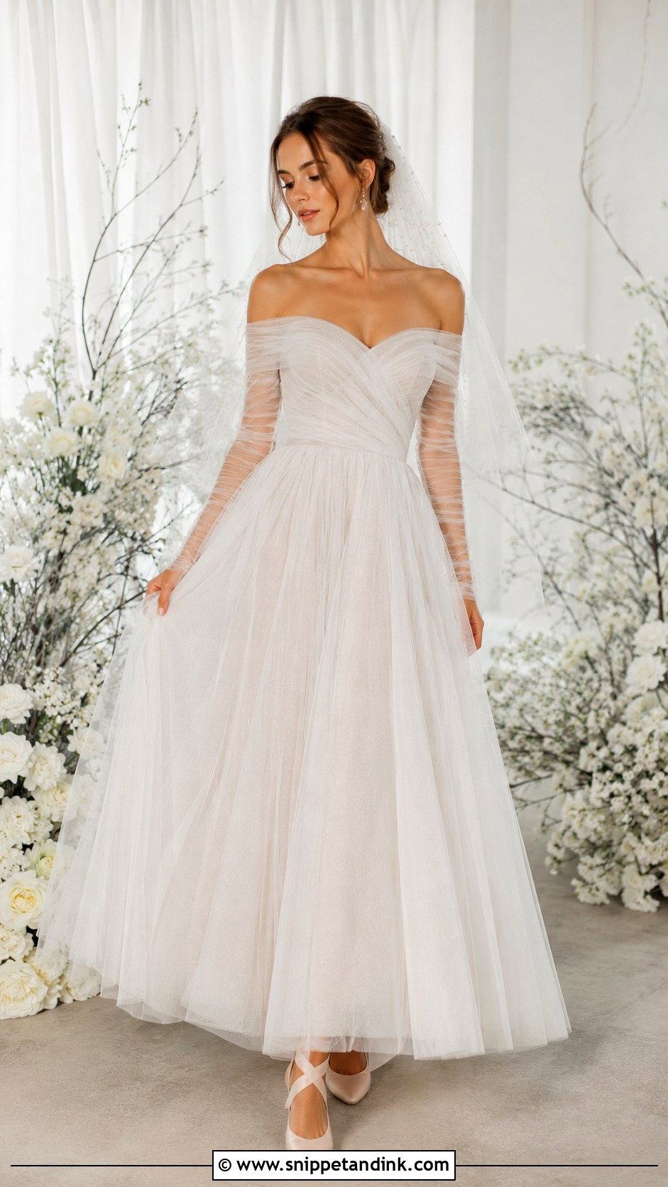 Off The Shoulder Long Sleeve Tulle Wedding Dress - Snippet and Ink - 25 Off the Shoulder Long Sleeve Wedding Dress Ideas