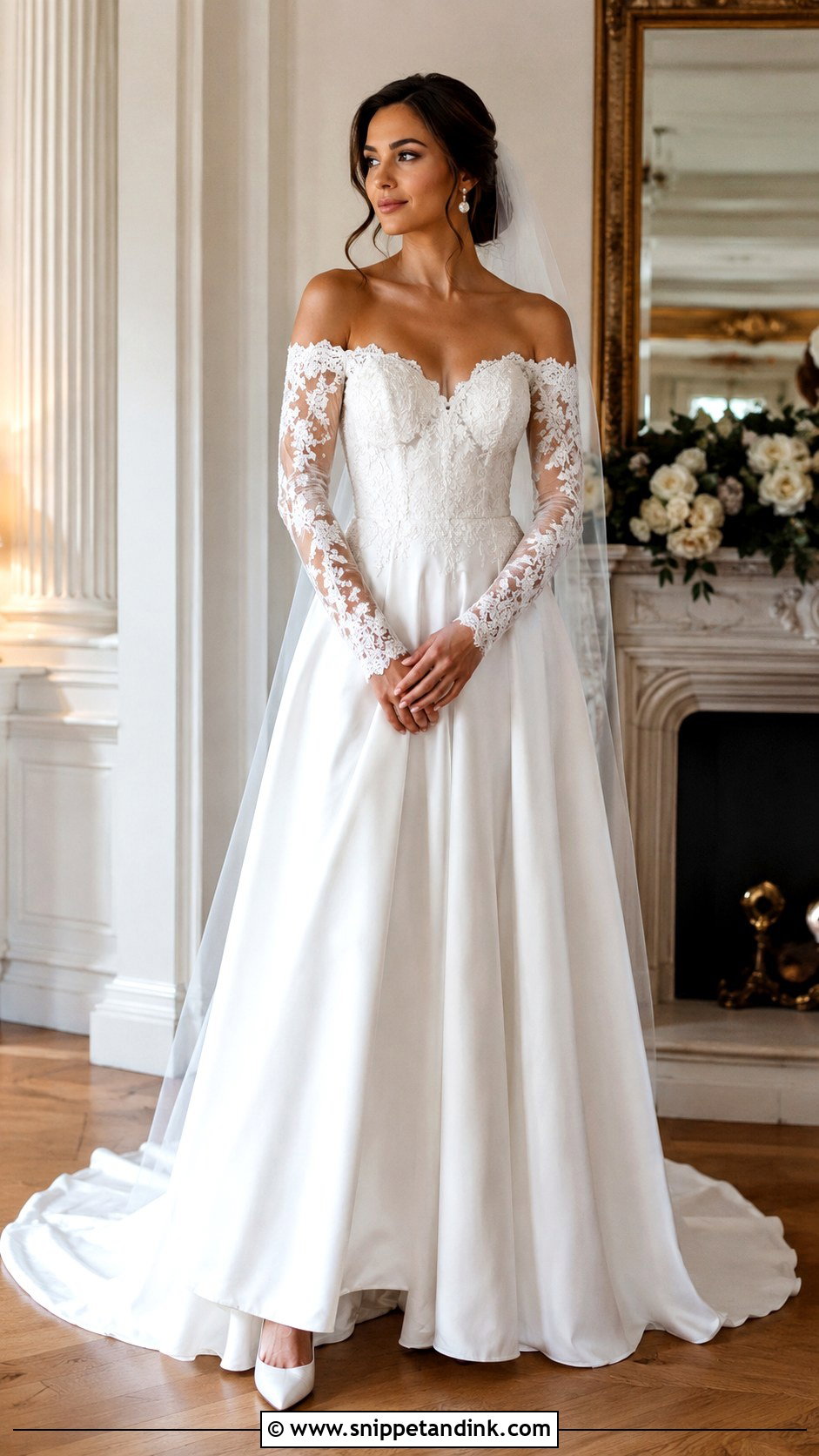 Off The Shoulder Long Sleeve Wedding Dress - Snippet and Ink - 25 Off the Shoulder Wedding Dress Ideas