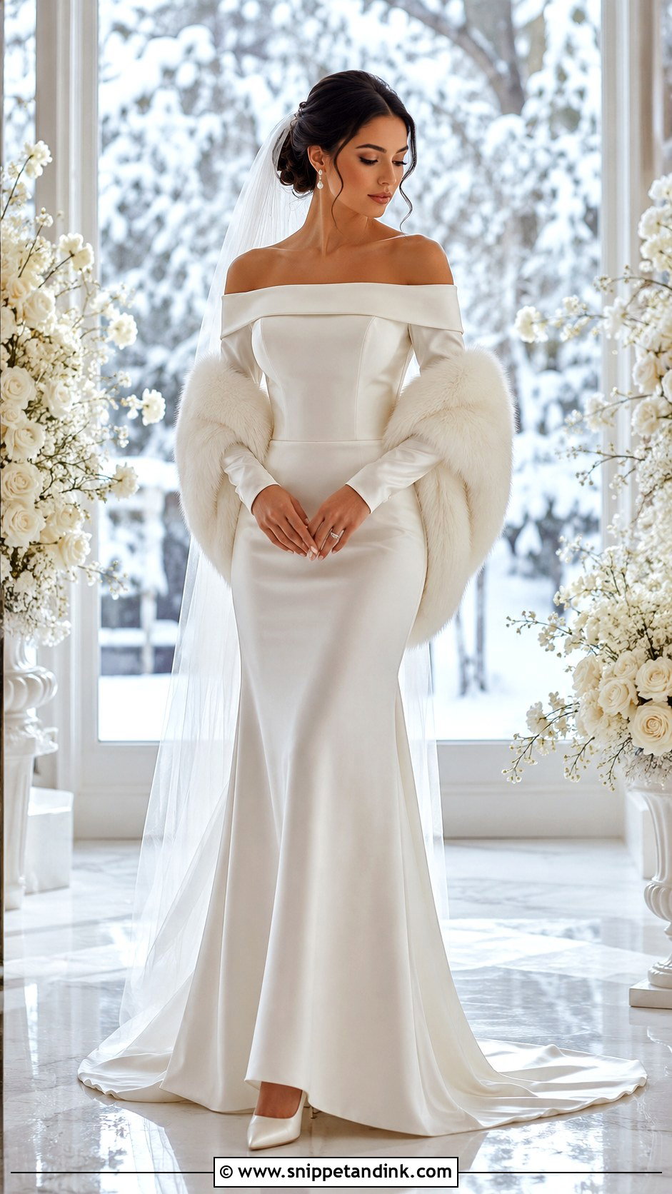 Off The Shoulder Long Sleeve Winter Wedding Dress - Snippet and Ink - 25 Off the Shoulder Long Sleeve Wedding Dress Ideas
