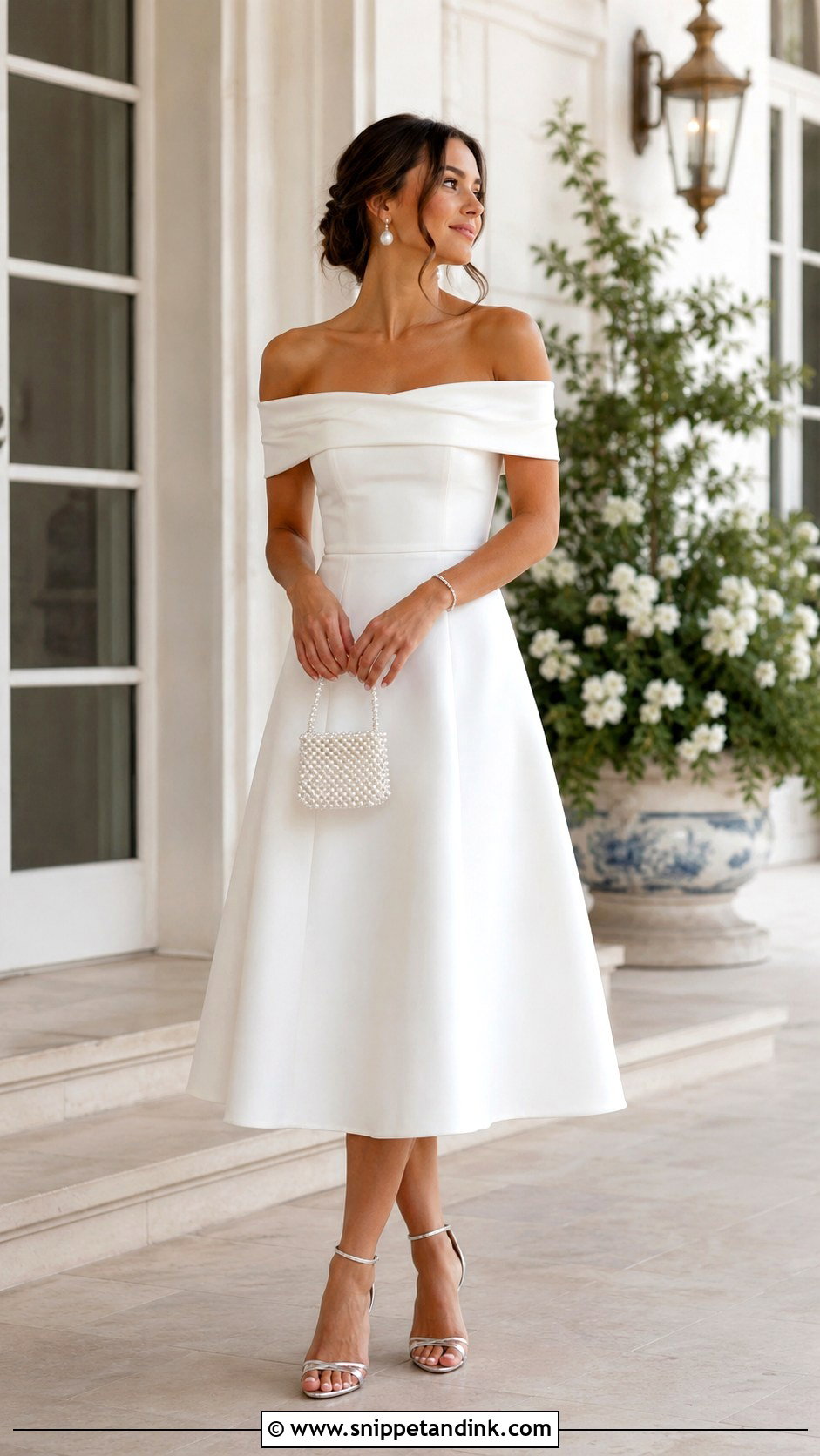Off The Shoulder Midi Dress Outfit - Snippet and Ink - 20 Night Before Wedding Outfit Ideas