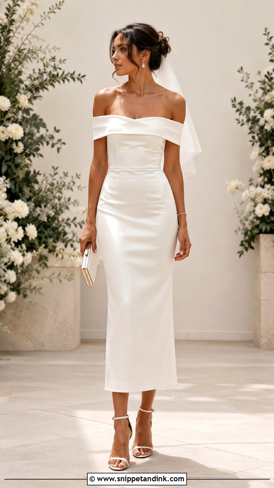 Off The Shoulder Midi Wedding Dress - Snippet and Ink - 20 Midi Wedding Dresses