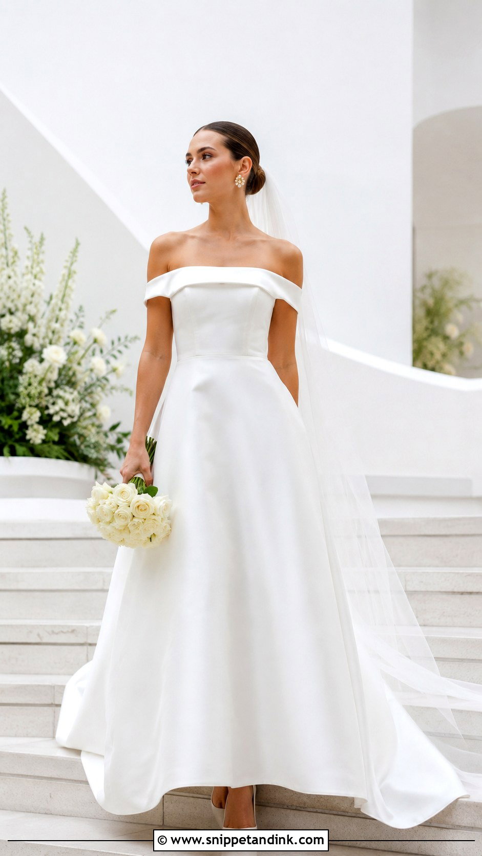 Off The Shoulder Minimalist Wedding Dress - Snippet and Ink - 25 Off the Shoulder Wedding Dress Ideas